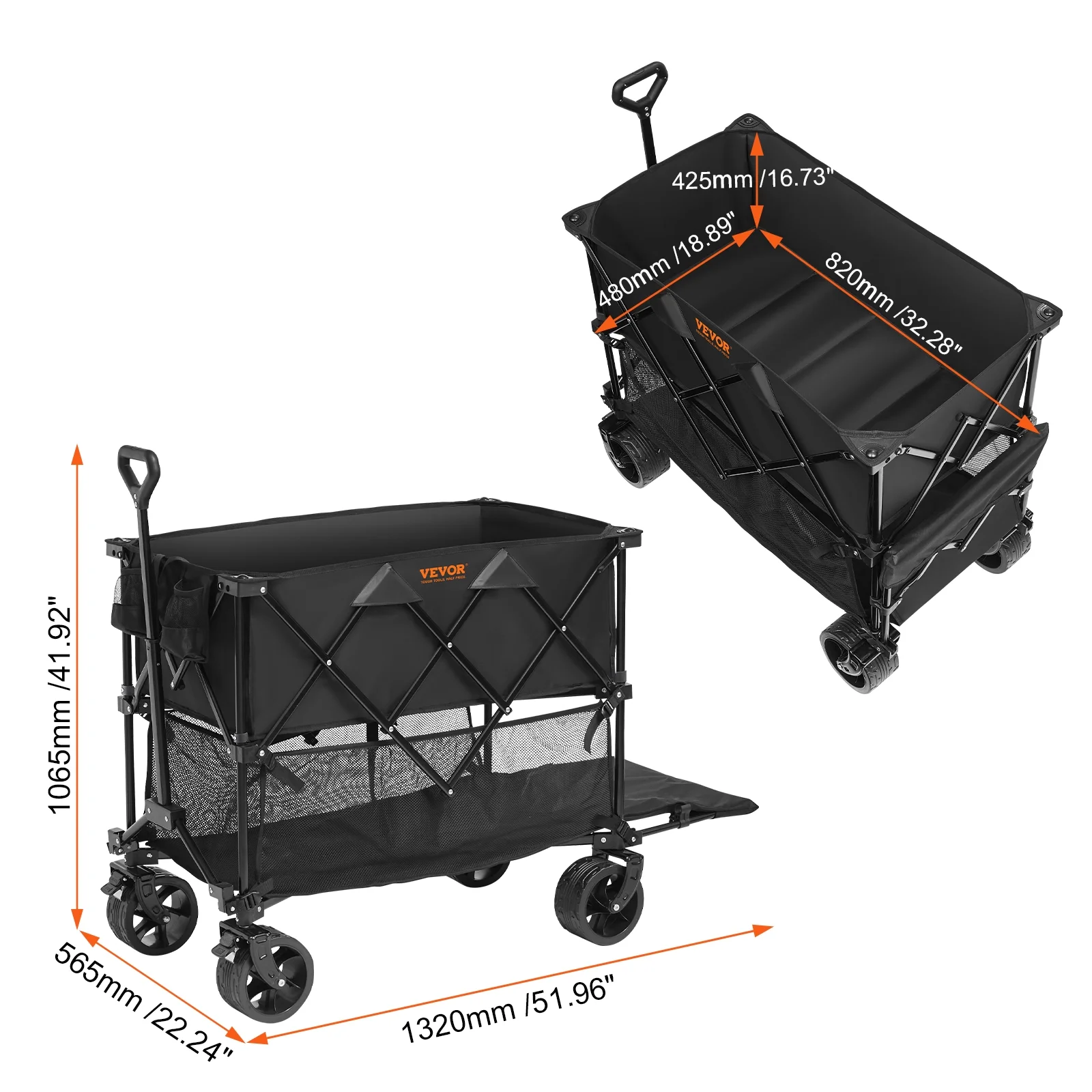 Foldable Double Decker Wagon, 400L Collapsible Wagon Cart with All-Terrain Wheels,Heavy Duty Folding Wagon Cart 350-450 lbs Weight Capacity for Camping,Shopping,Garden,52" Extra Long Extender - Image 9
