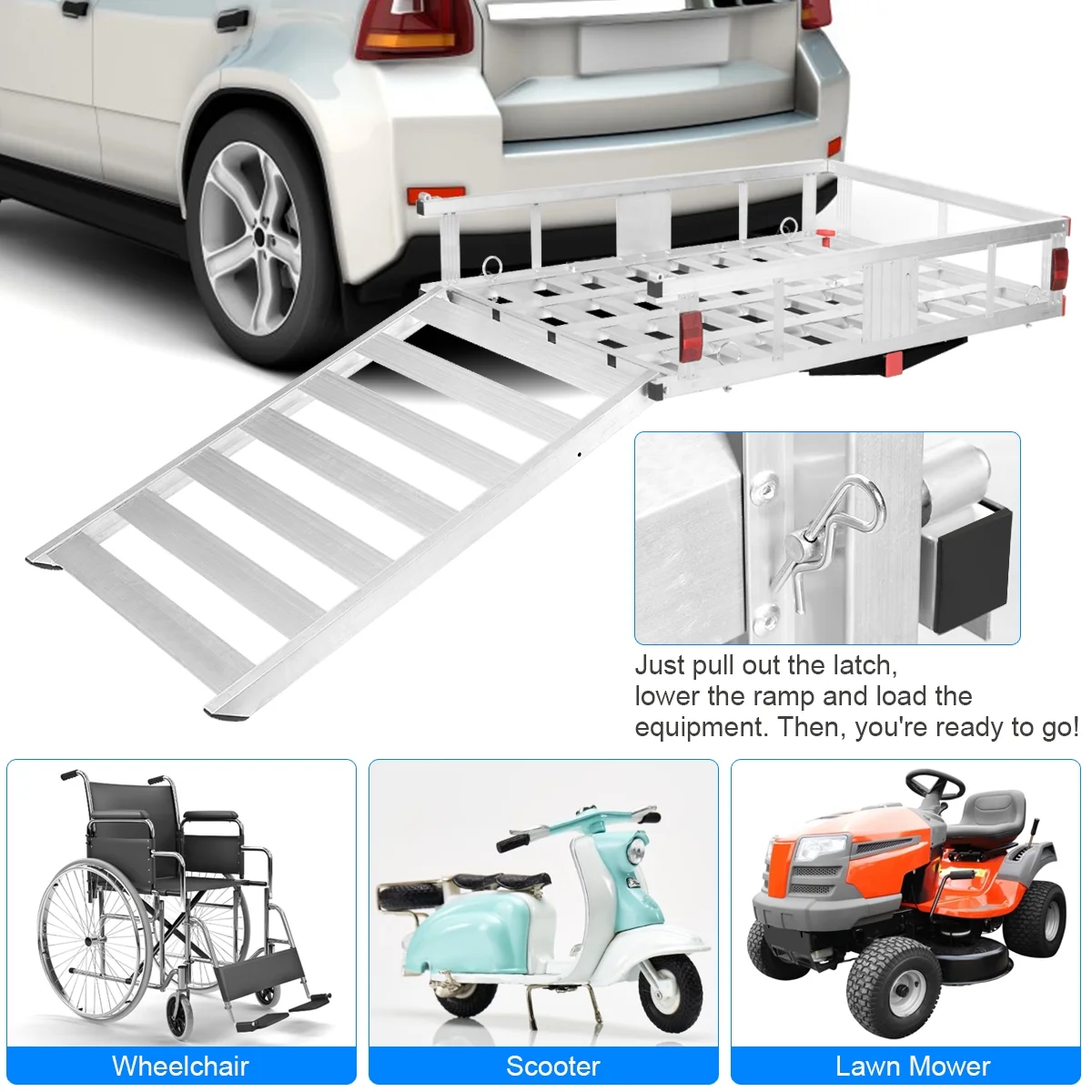 Costway 50'' x 29.5'' Aluminum Cargo Carrier with Ramp Hitch - Mounted Mobility Carrier Hauler
