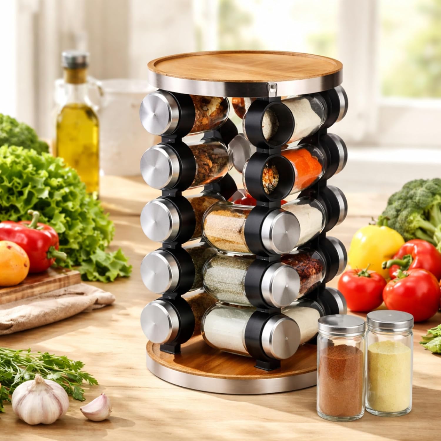 20 Jar Rotating Spice Rack, Wood & Stainless Steel Countertop