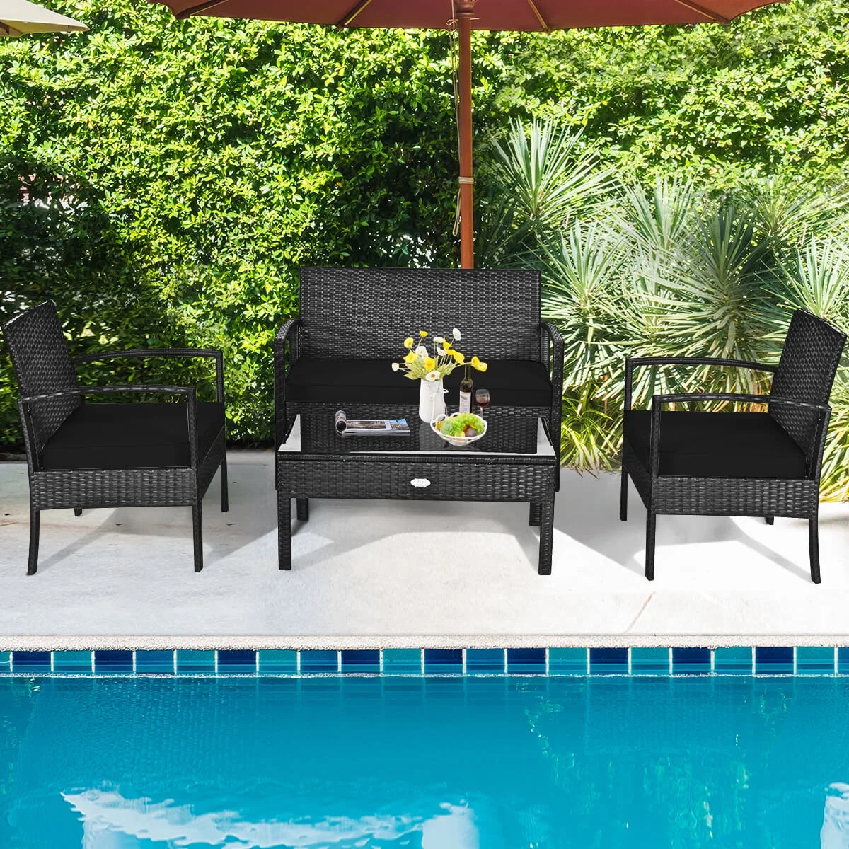 Costway 4PCS Patio Rattan Wicker Furniture Set Loveseat Sofa Cushioned Garden Yard Brown