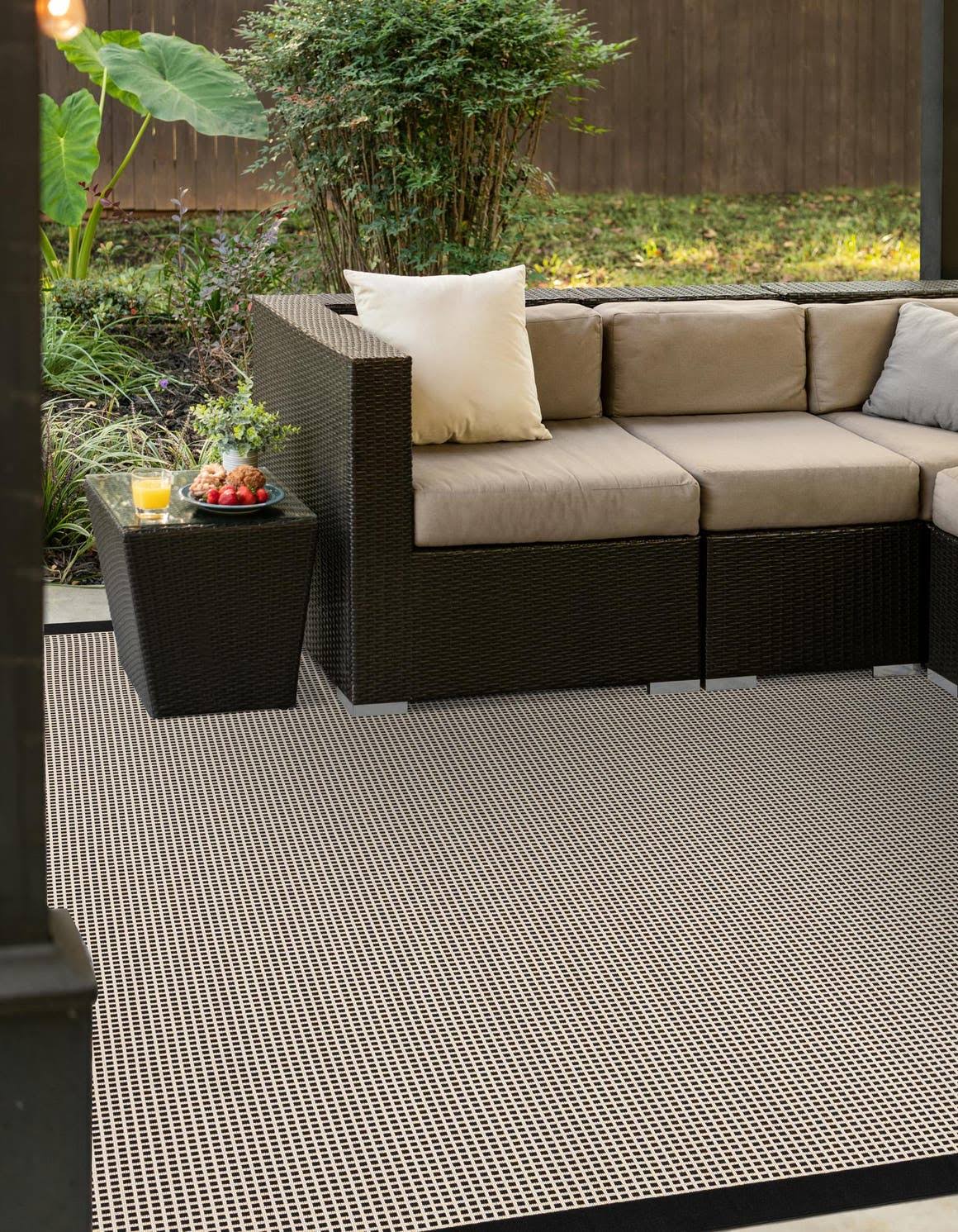 Outdoor Border 10 ft Square Black Geometric Area Rug Indoor Outdoor Rug