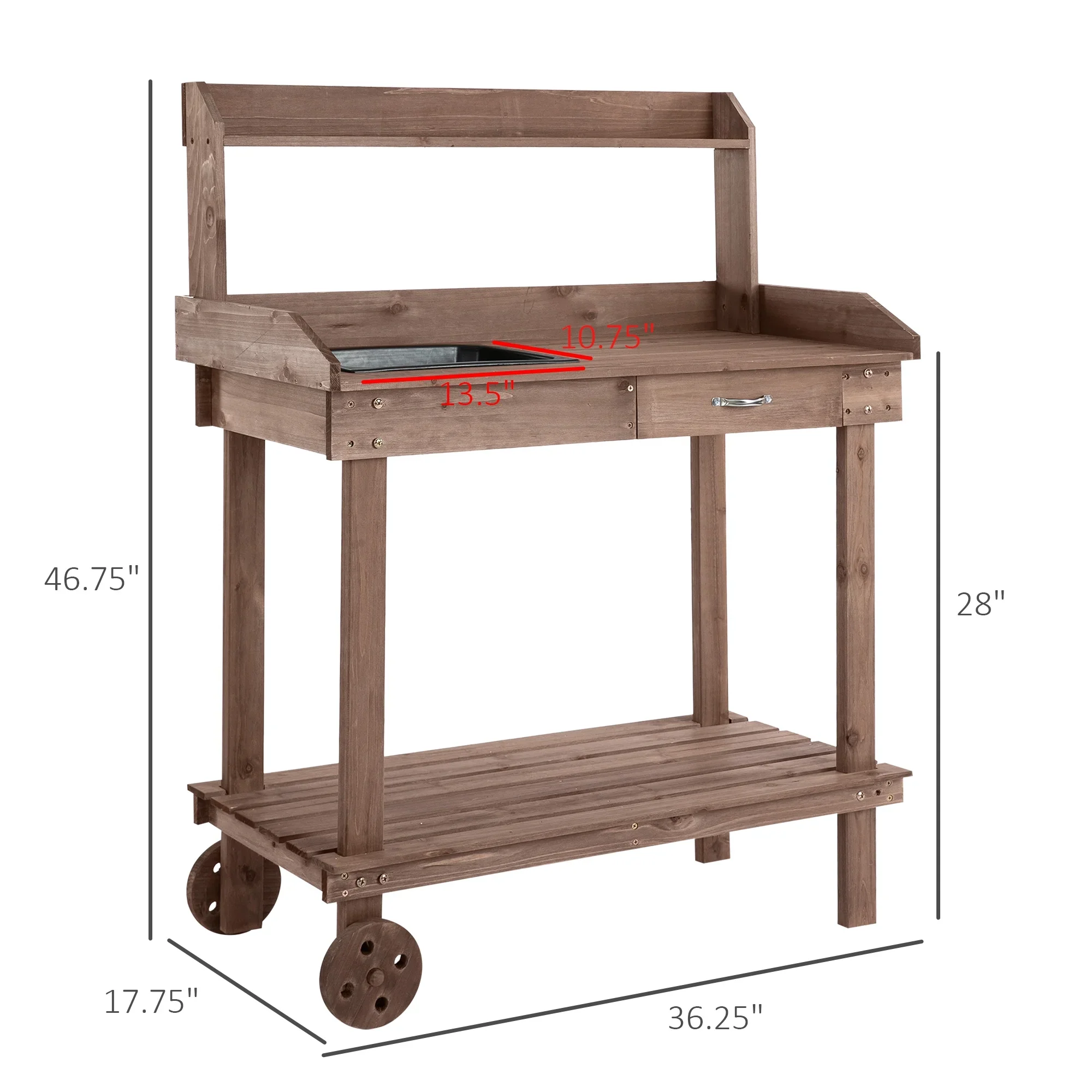 KWUXIN 36 Wooden Potting Bench Work Table with 2 Removable Wheels, Garden Workstation with Removable Sink, Drawer & Large Storage Spaces,131.99