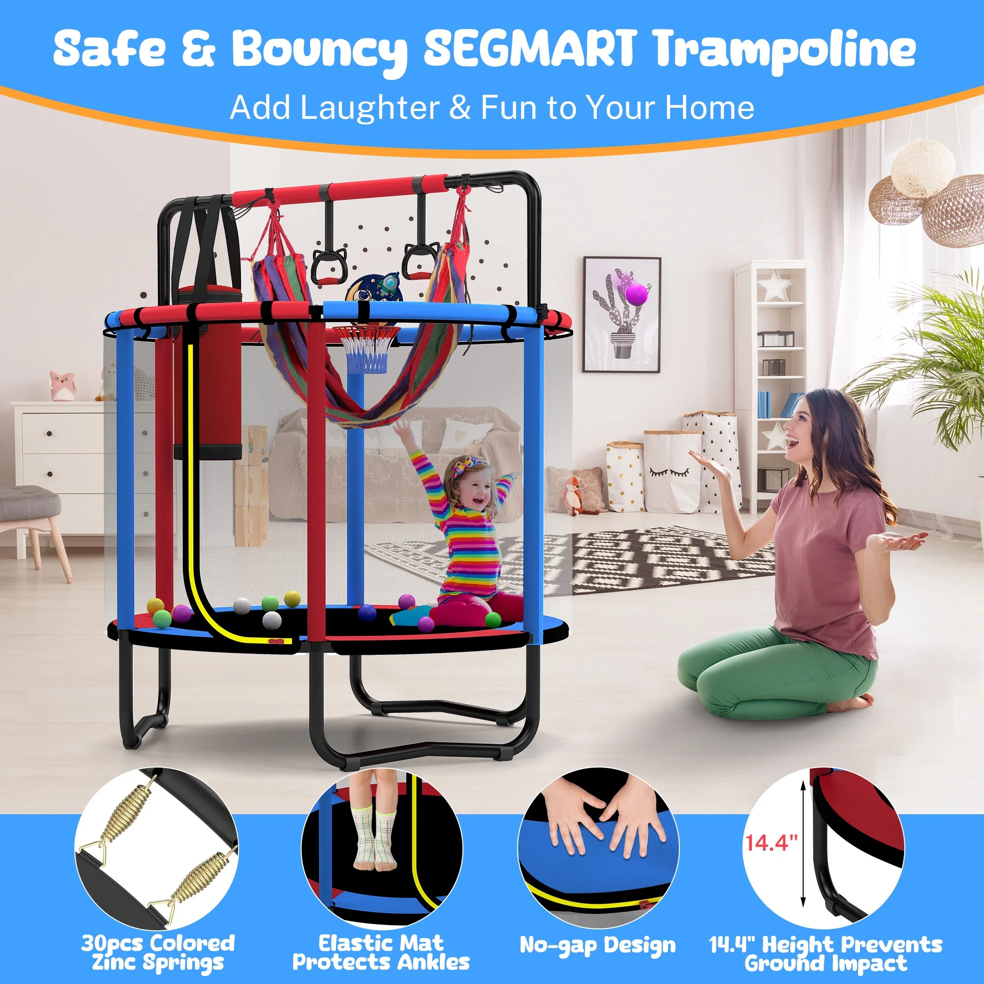 Mini Round Trampoline for Kids with Basketball Hoop, 55'' Indoor Outdoor Toddler Trampoline with Enclosure Net, Swing, Sandbag, Ring, Ocean Balls, Small Trampoline Gift for Boys Girls, Blue(Blue,Red) - Image 9
