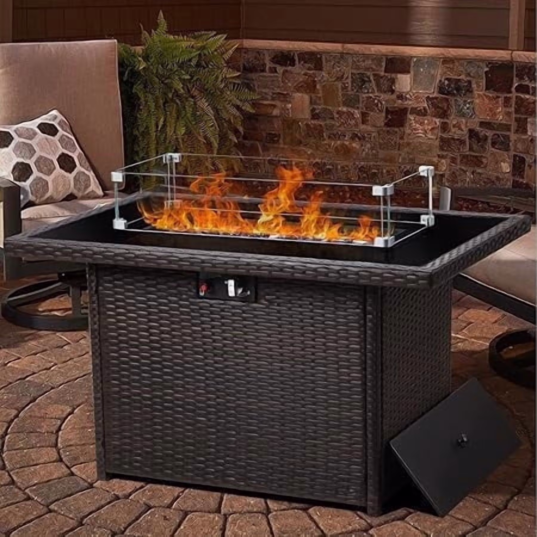LayinSun 44 Propane Gas Fire Pit Table, 55000 BTU Rectangular Fire Pit with Glass Wind Guard for Outside Patio Deck Garden Backyard