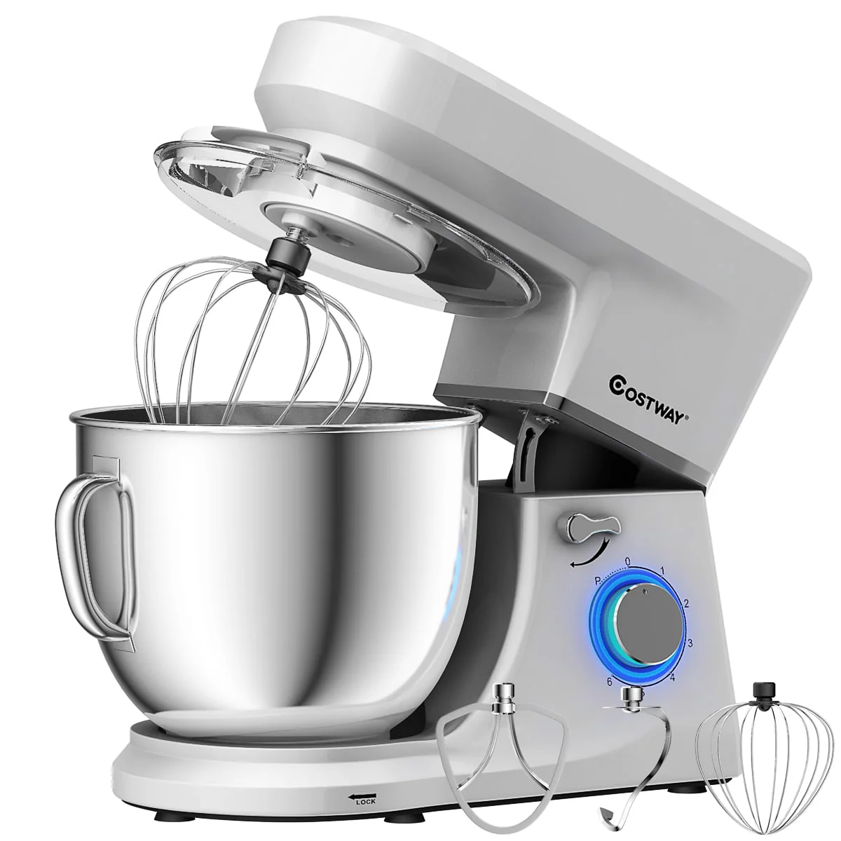 Costway Tilt - Head Stand Mixer 7.5 Qt 6 Speed 660W with Dough Hook, Whisk & Beater Silver