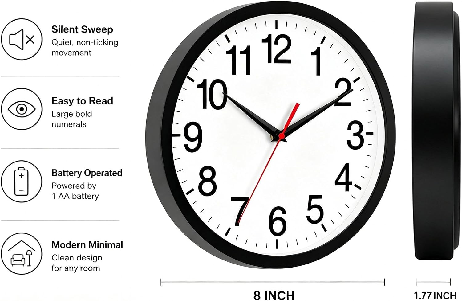 Rohioue Wall Clock Analog 8 Inch Black Battery Operated Silent Clock| Easy To Read, Non-Ticking, Round, Accurate, Kitchen, Living Room, Classroom, Office, School