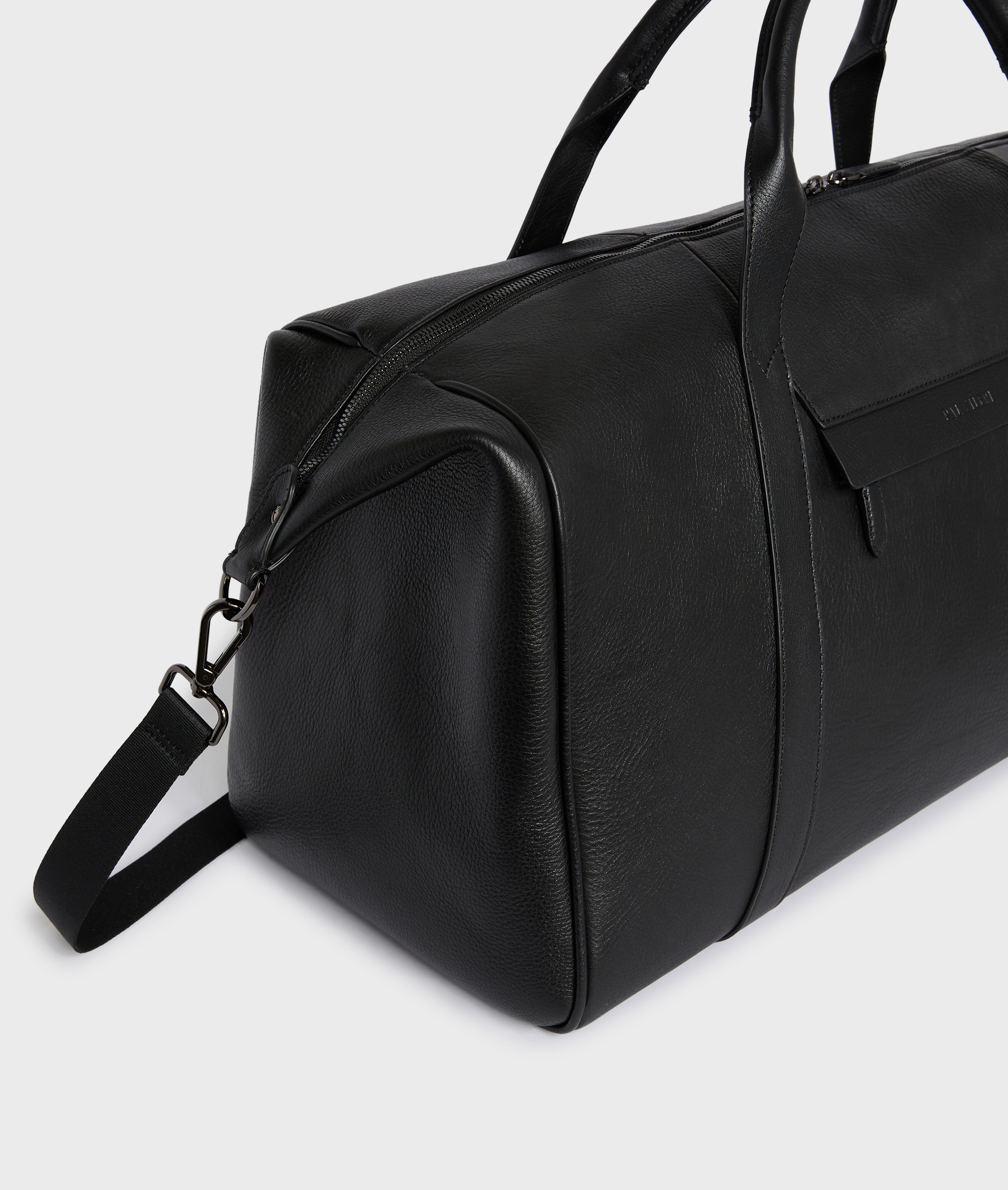 BLACK VEGETABLE TANNED CALFSKIN TRAVEL BAG WITH SHOULDER STRAP