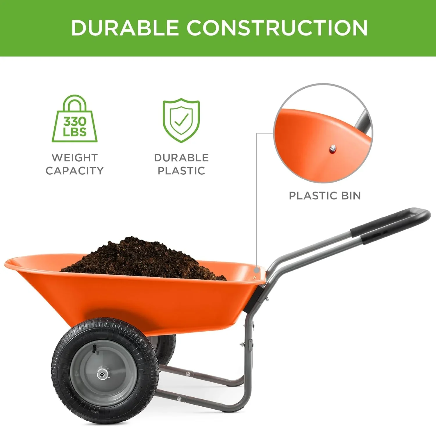 SAZYY Heavy-Duty Dual-Wheel Home Utility Yard Wheelbarrow & Garden Cart with Built-in Stand �C Versatile Solution for Lawn Care, Gardening & Construction Tasks, Gray
