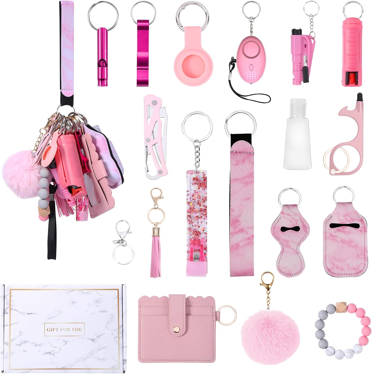 Safety Keychain Set for Women with Personal Alarm, Pom Pom, Card Wallet, Bottle Opener, Bracelet Wristlet Keyring