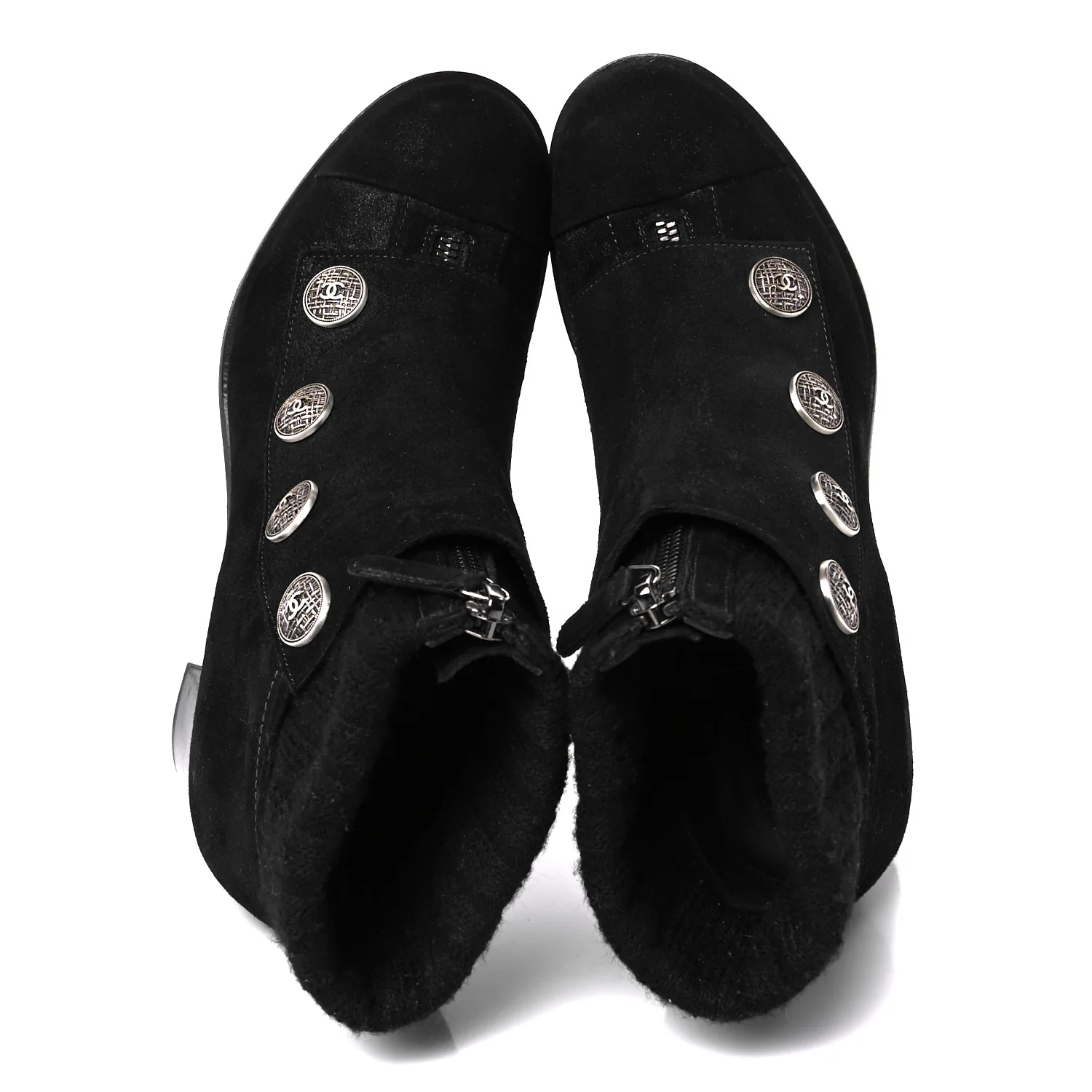 Suede Calfskin Knit Button Ankle Boots 36.5 Black