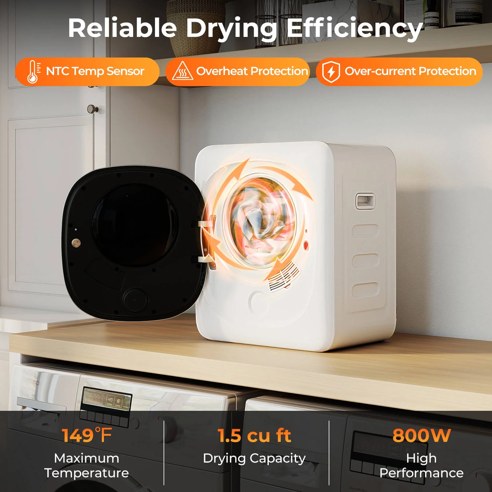 800W Electric 1.5 cu.ft Compact Drying Machine with Stainless Steel Tub 5 Modes - Image 9