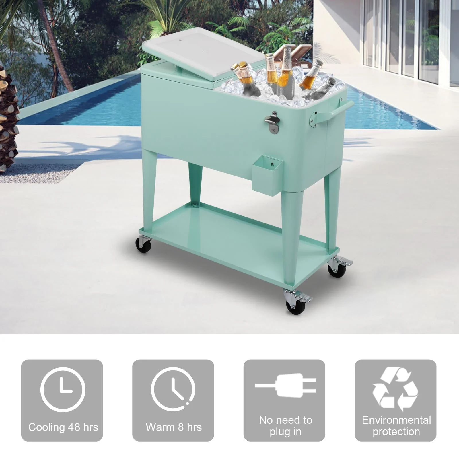 SalonMore Rolling Cooler 80QT Frozen Warm Function with Shelf Green Image 3