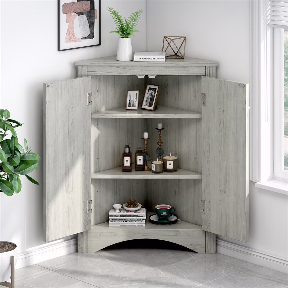 Home Floor Corner Cabinet with Adjustable Shelves and Two Doors, Triangle Bathroom Storage Cabinet, Modern Style Freestanding Floor Cabinet for Kitchen, Living Room and Hall, Oak(Oak)