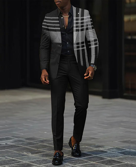 Ensemble blazer et pantalon 2 pièces à carreaux colorblock, col à revers et boutons