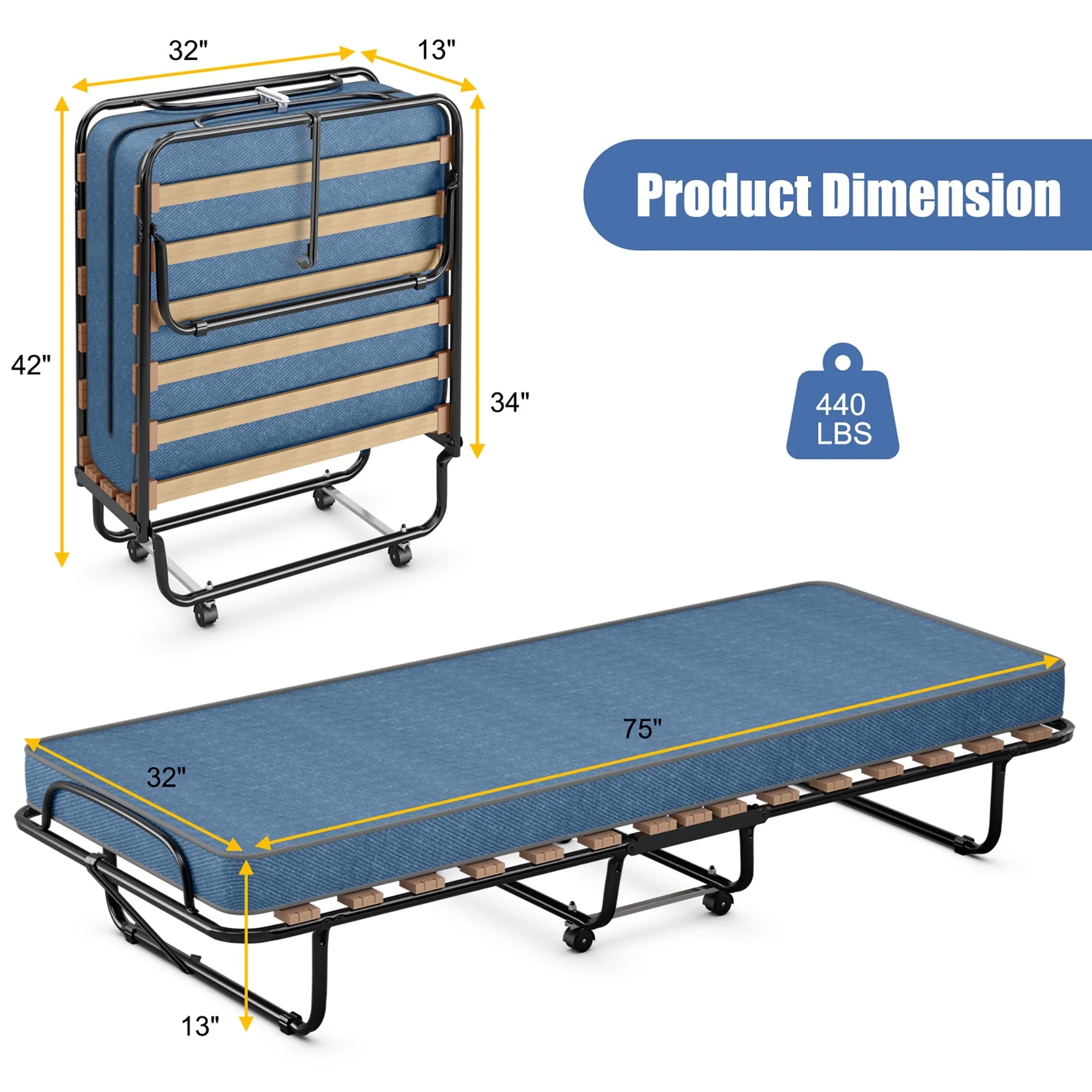 Costway Portable Folding Bed with Memory Foam Mattress Rollaway Cot Navy Made in Italy