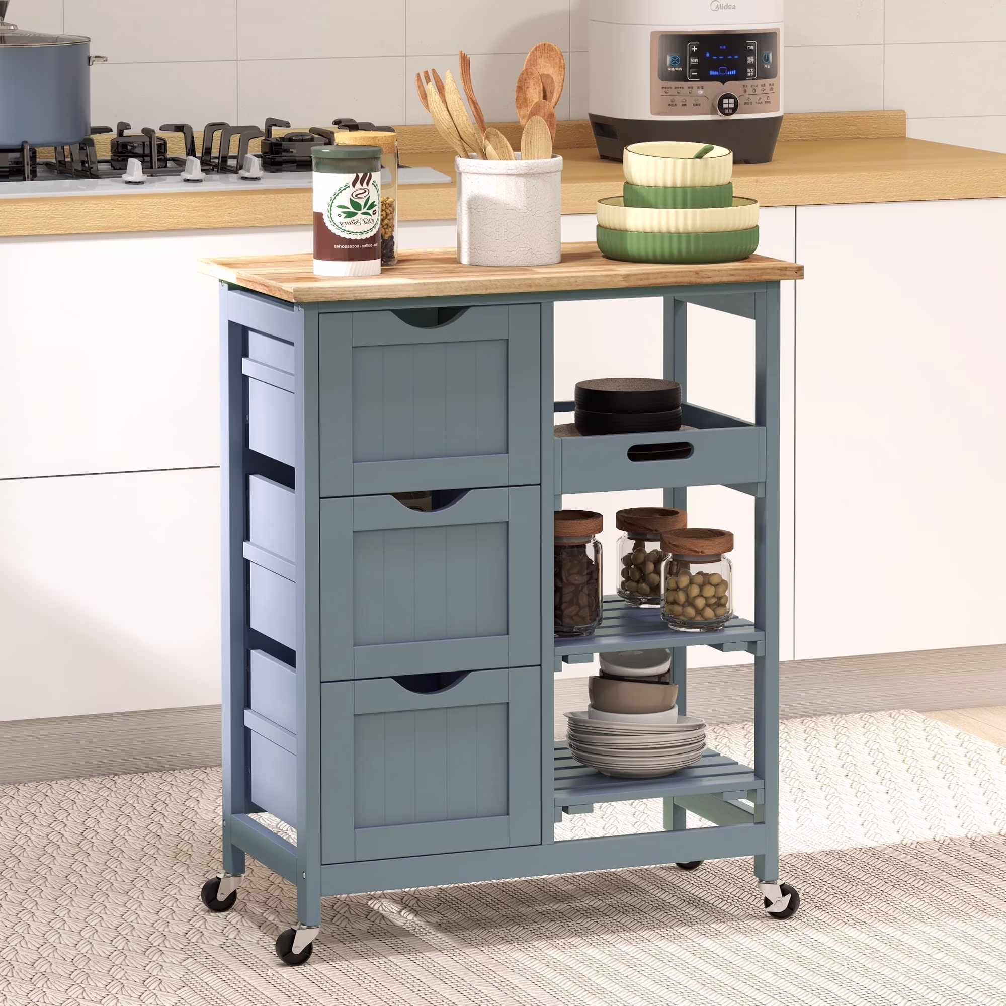 Wood Top Kitchen Island with Shelves and Drawers and Wheels, Rolling Bar Serving Cart for Home, Kithen, Bar, Dining Room, Light Blue(Light Blue)