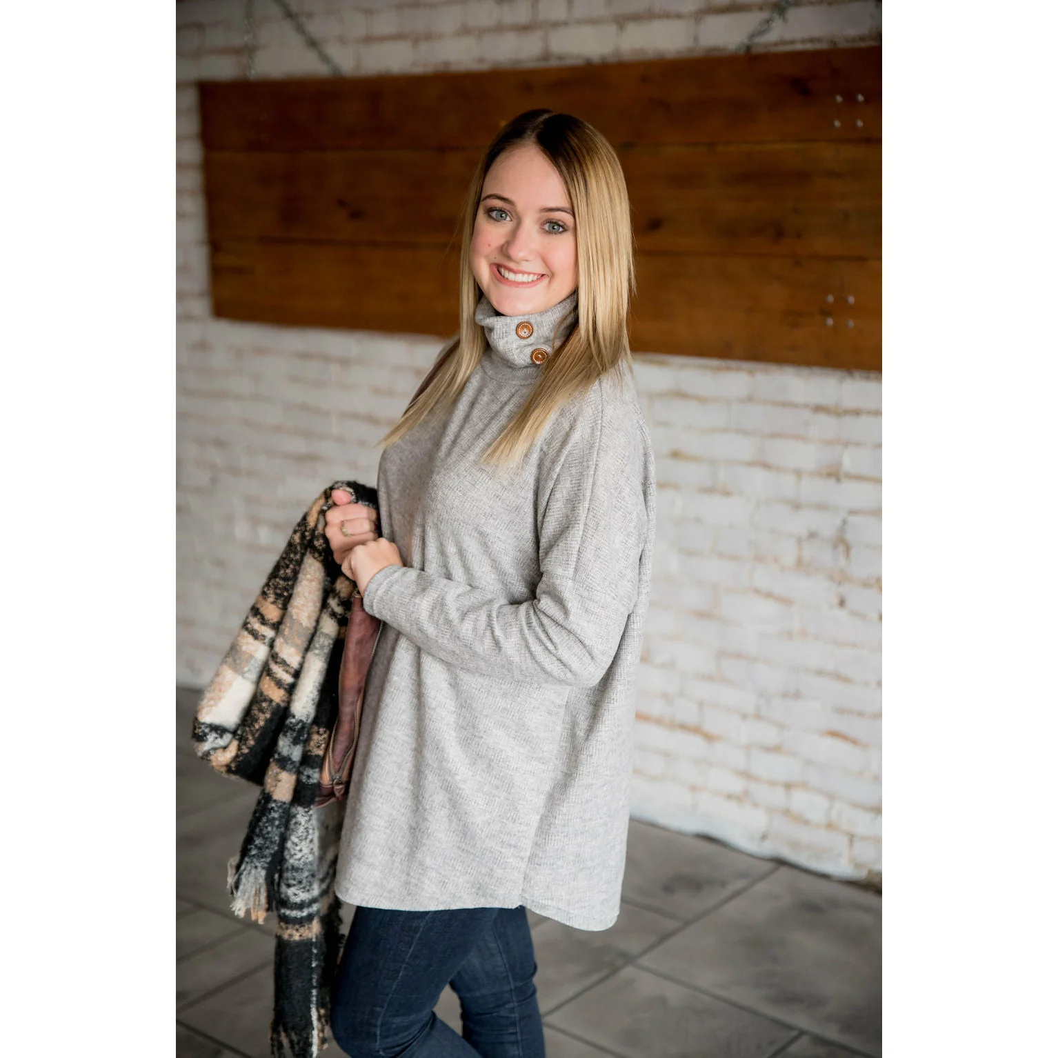 Side Button Knit Cowl Neck