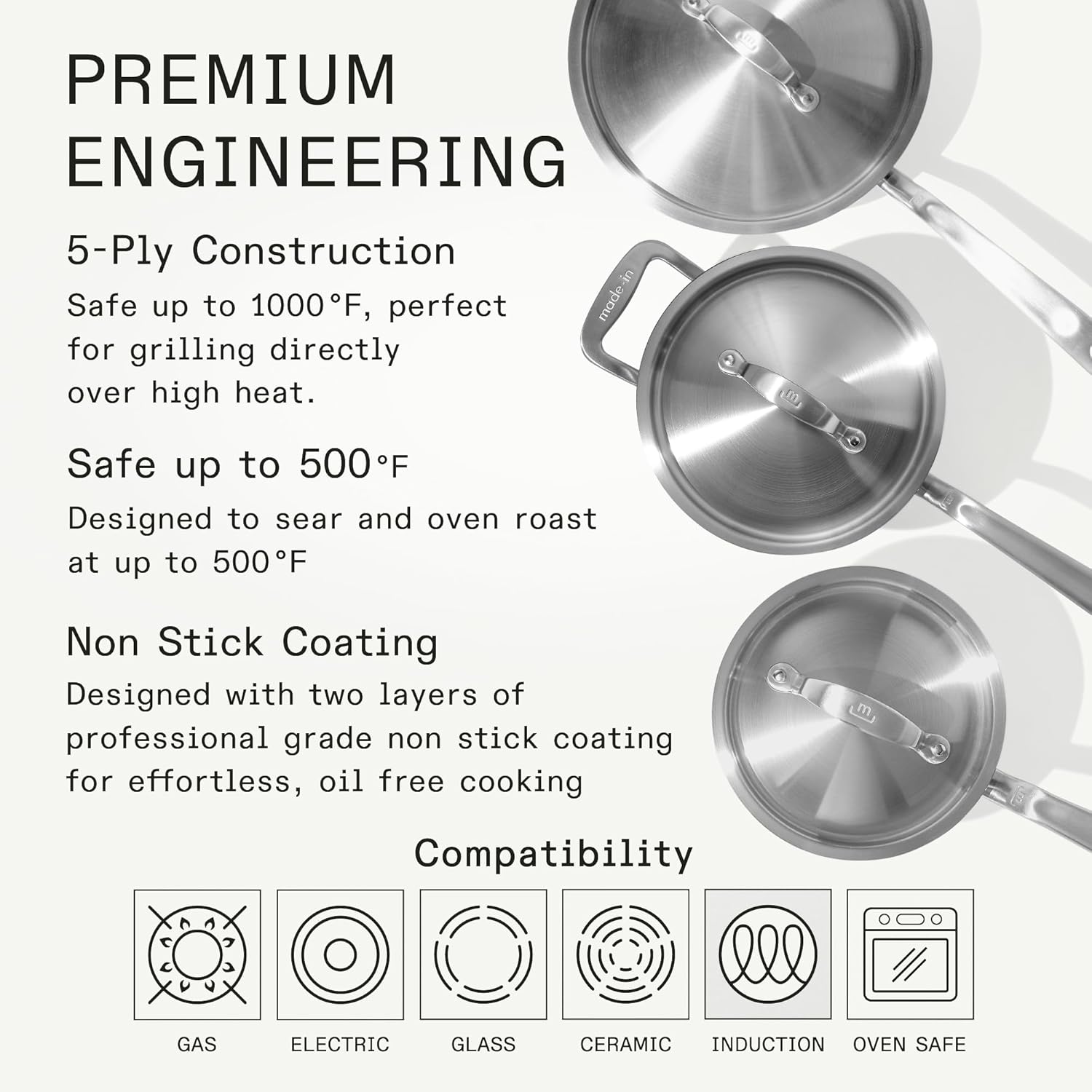 Made In Cookware | 6 Piece Stainless Saucepan Set | 5 Ply Clad | Includes Stainless Steel Saucepans and Saucier with Lid | Professional Cookware | Crafted in Italy