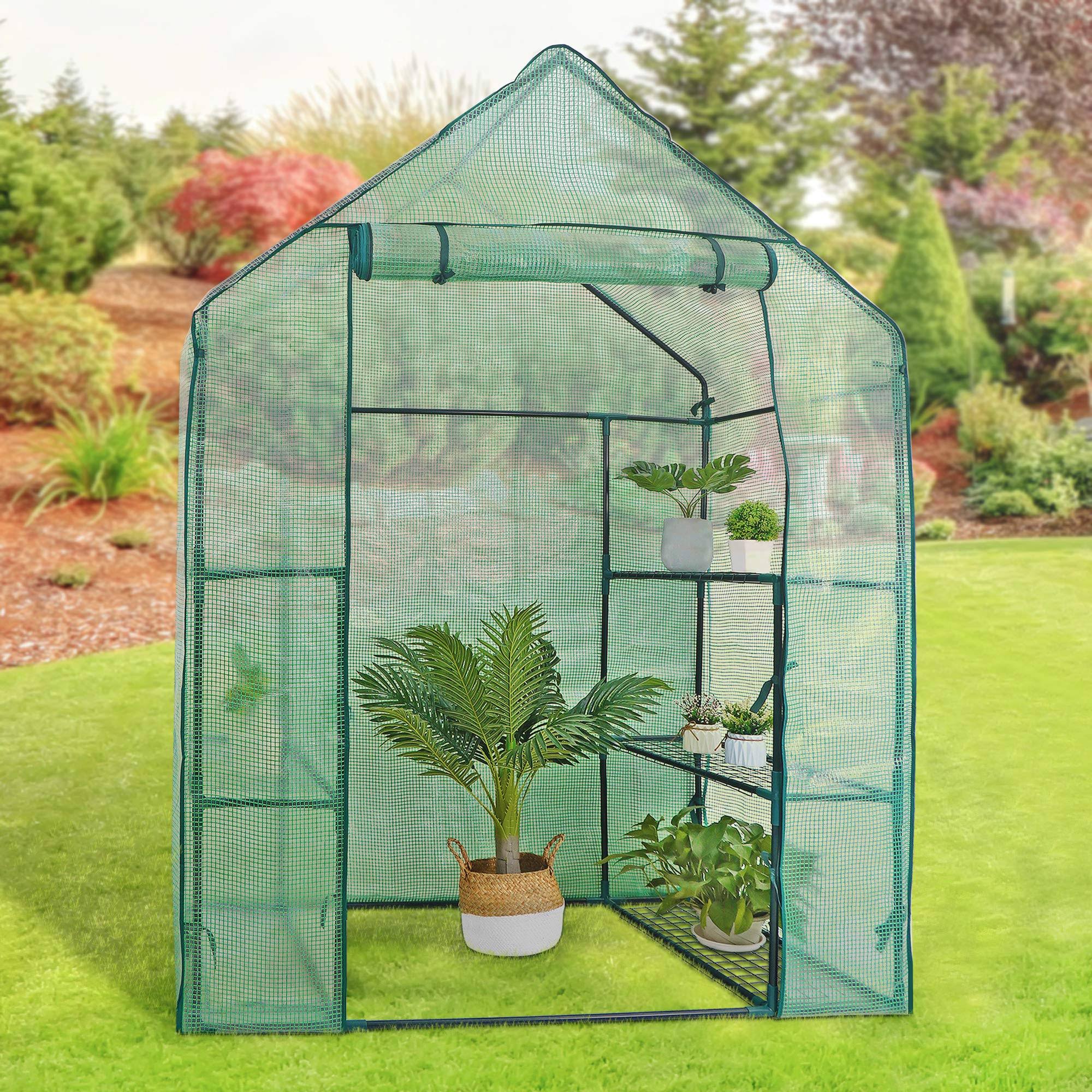 BBBuy Outdoor Portable Walk-In Greenhouse 3 Tiers 6 Shelves w/ Durable PE Cover Roll Up Zipper Door Steel Frame Screen Windows Garden Greenhouse for