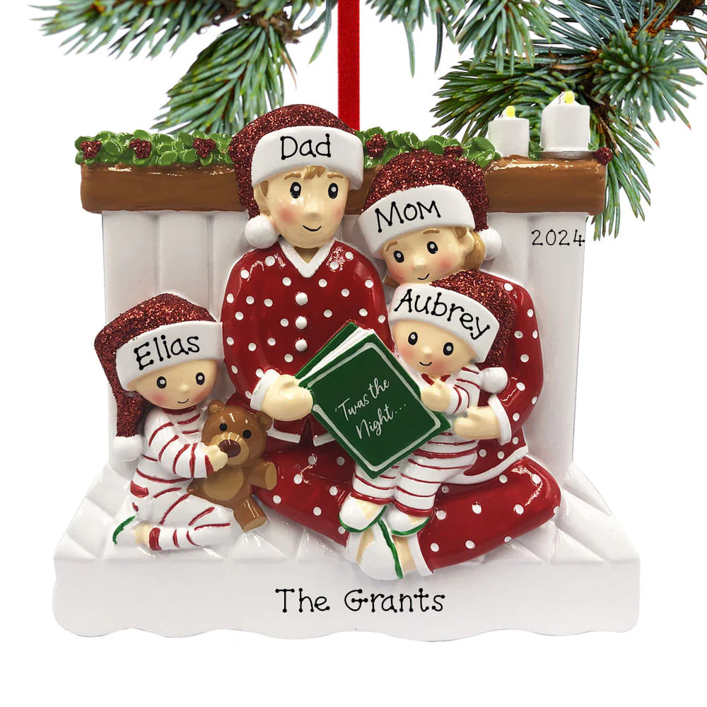 Reading in Bed Family Personalized Xmas Ornament - 3, 4, 5, 6 Family Members