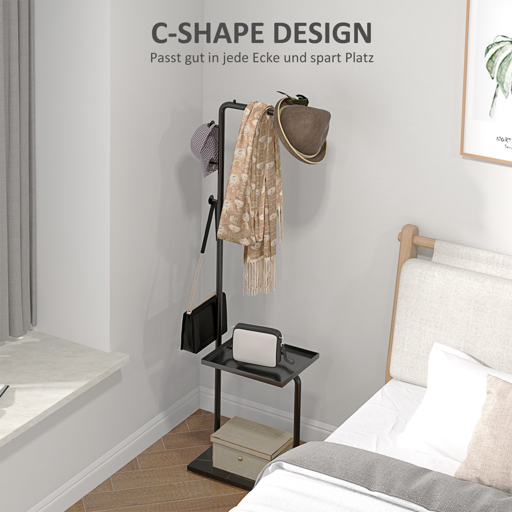 HOMCOM Kapstok met Kledingstang, 3 Haken, Opbergvak, Kunststeen Basis, Zwart