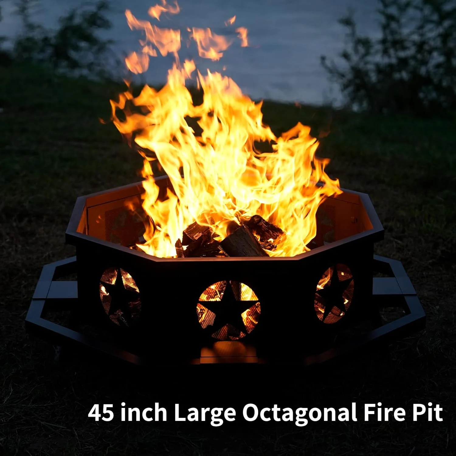 45 inch Extra Large Fire Pit, Outdoor Wood Burning Fire Pit for Outside Octagonal Heavy Duty Firepit for Camping, Backyard, Patio, Black(45") - Image 4