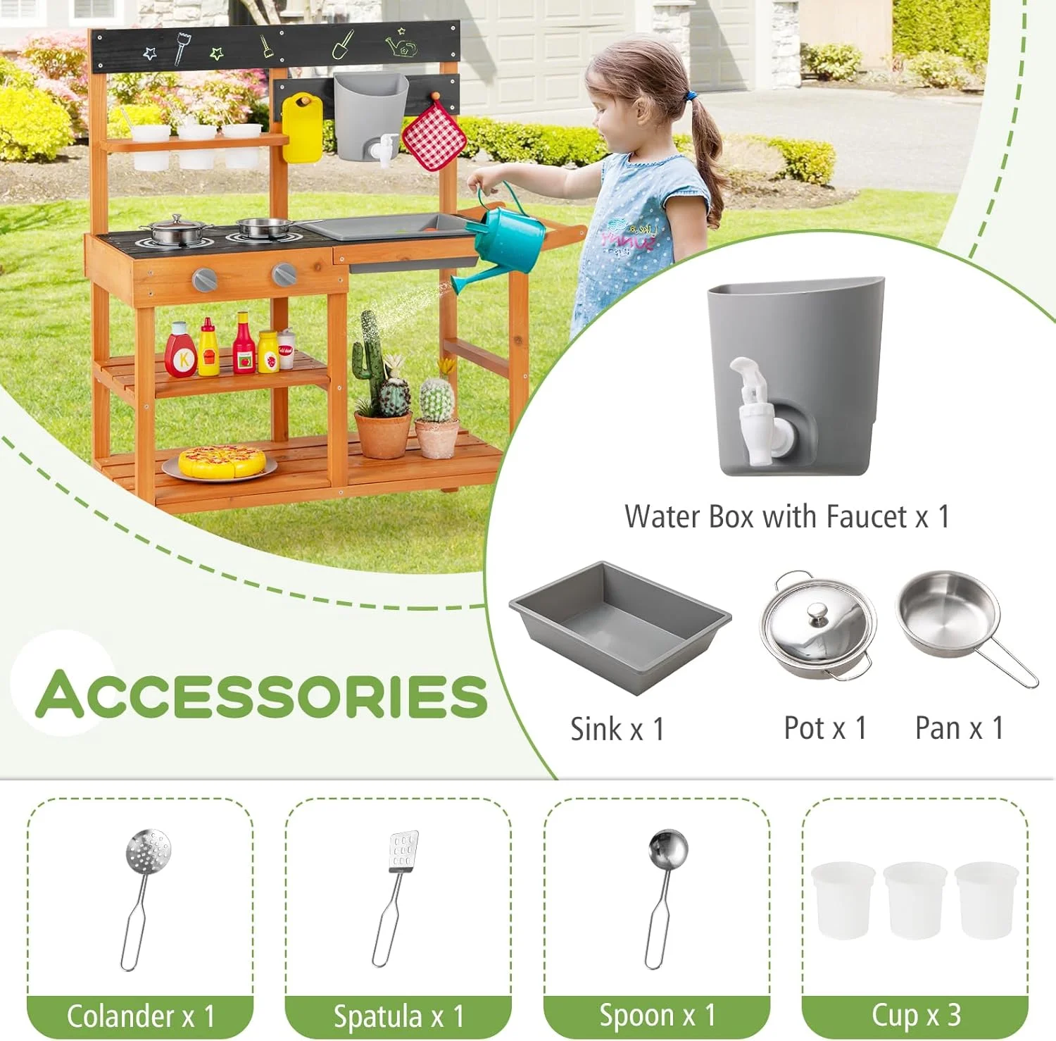 Mud Kitchen, Outdoor Play Kitchen with Wheels 3 Cups Removable Sink Cooking Accessories Wooden Kids Kitchen Playset Backyard Garden Toys Gift for Boys Girls Ages 3+(Outdoor/with Wheels) - Image 7