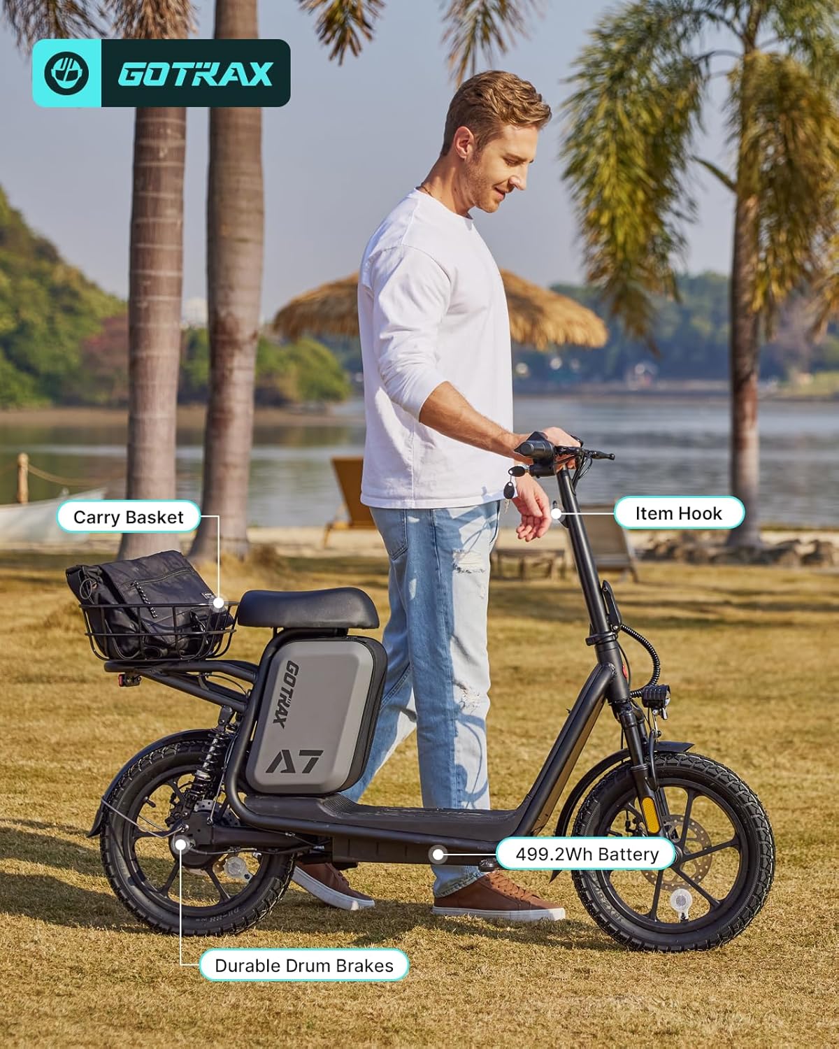 Trottinette électrique Gotrax pour adultes avec siège, autonomie maximale de 30 à 40 km, pneus tout-terrain, larges pédales
