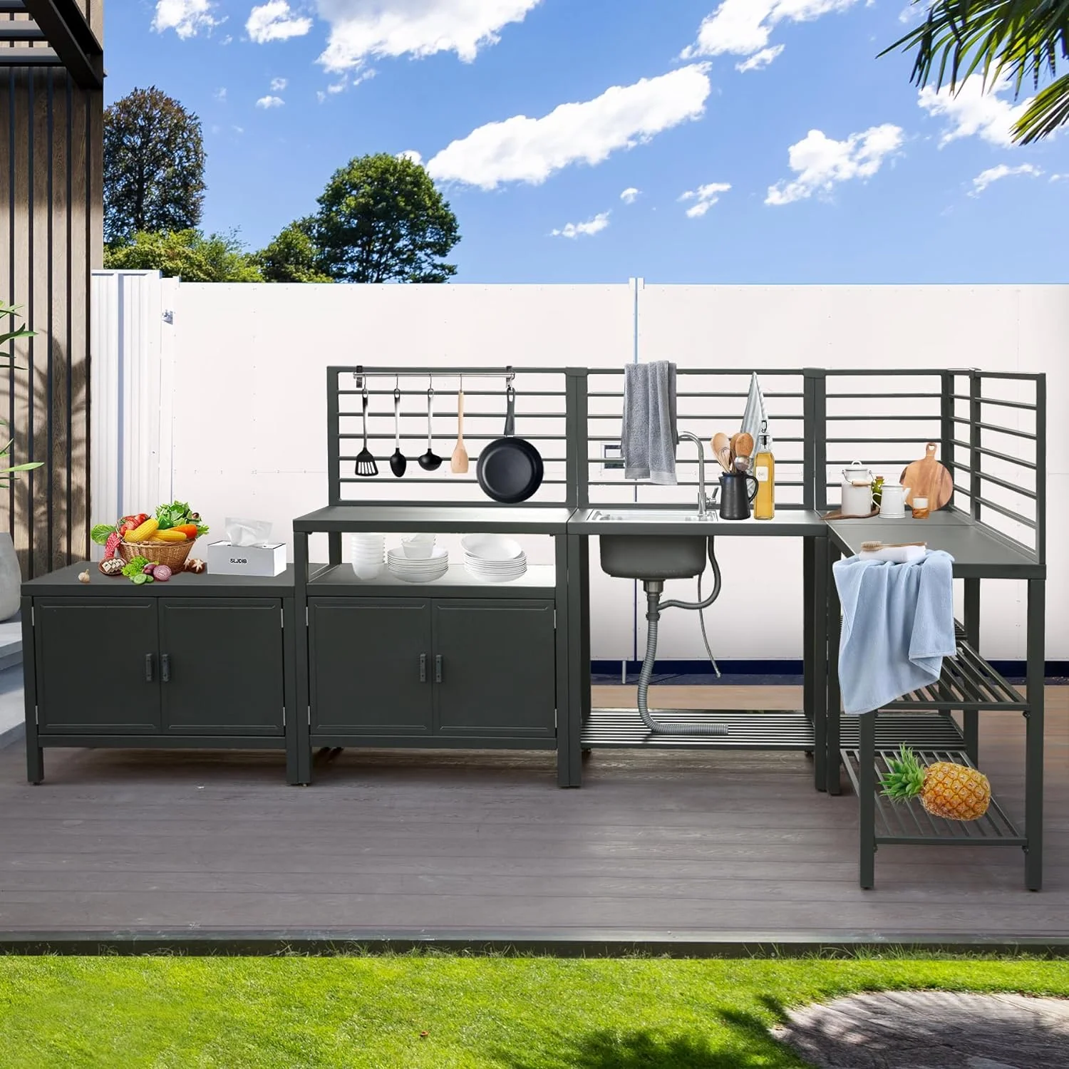 Outdoor Kitchen Series 5-Piece Modular Outdoor Kitchen, Aluminum Storage Islands Sink Table, Corner Bar Cabinet Grill Storage Cabinet with Protective Cover, Outdoor Kitchen for Deck, Patio, Backy(5-Pieces Set) - Image 10