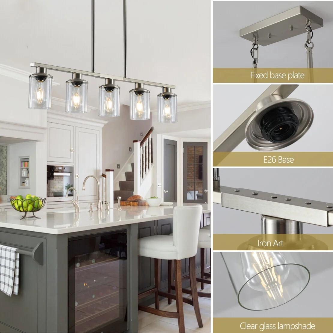 5-Light Kitchen Island Pendant Light, Farmhouse Industrial Chandeliers with Two Metal Rod Supports, Rectangular Island Lights for Kitchen, Living Room, Walnut/Black