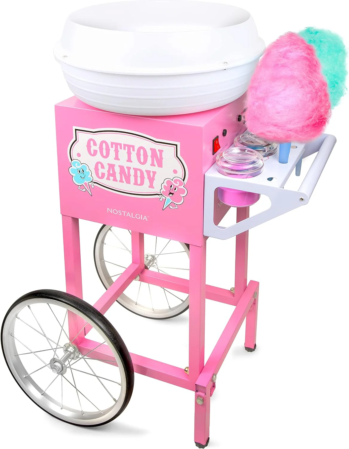 Nostalgia Professional Cotton Candy Cart, Vintage Candy Cart with Serving Shelf, 3 Bowls With Lids & Spoons, 13-in Rubber Wheels, Pull Handle, Includes 4 Reusable Cones & Wire Cleaning Brush, Pink
