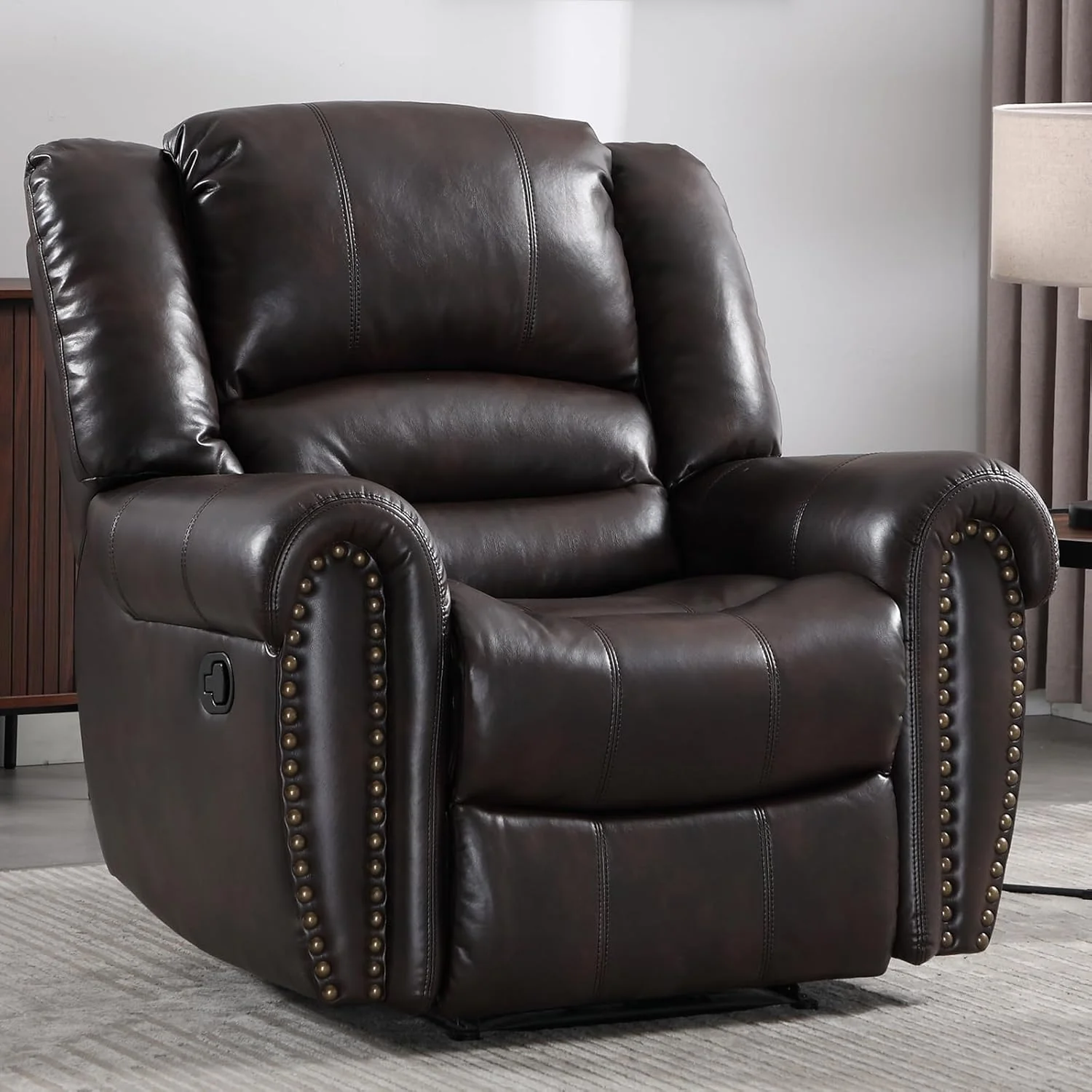 Fauteuil inclinable en cuir CANMOV, fauteuil inclinable manuel classique et traditionnel avec accoudoirs et dossier confortables, canapé une place pour salon, marron noisette
