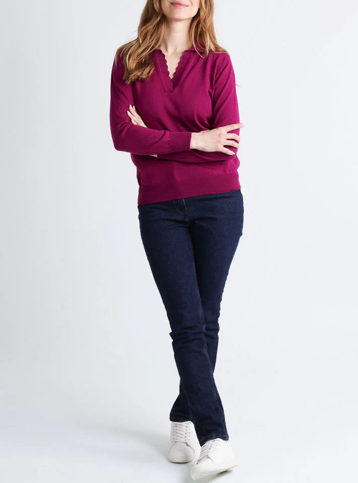 Pull col polo femme en laine mérinos violet