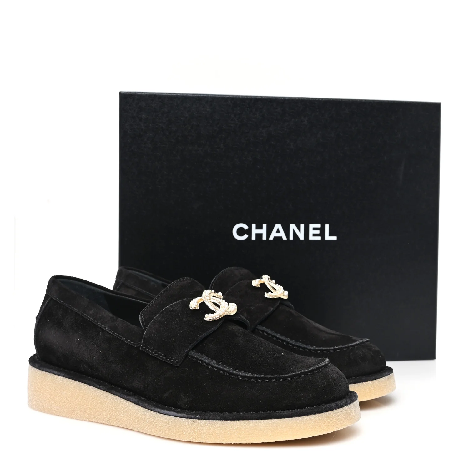 Suede Calfskin Pearl CC Moccasin Loafers 38.5 Black