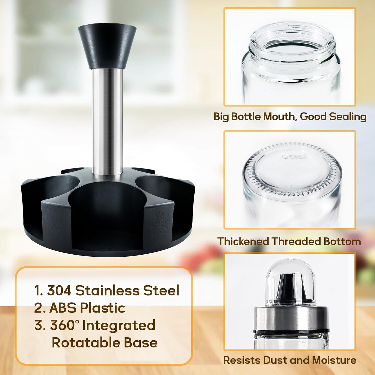 Mlici Oil and Vinegar Dispenser Set of 6 Bottles with 360° Rotating Holder