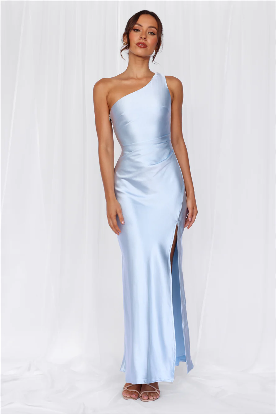 HELLO MOLLY The Aurora One Shoulder Satin Maxi Dress Blue
