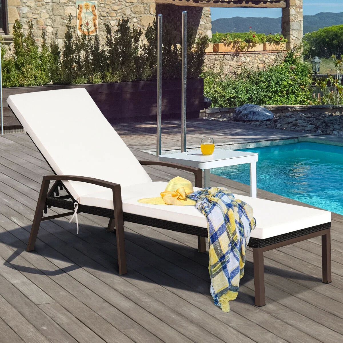 Costway 2PCS Patio Rattan Lounge Chair Chaise Recliner Back Adjustable Cushioned Garden Brown
