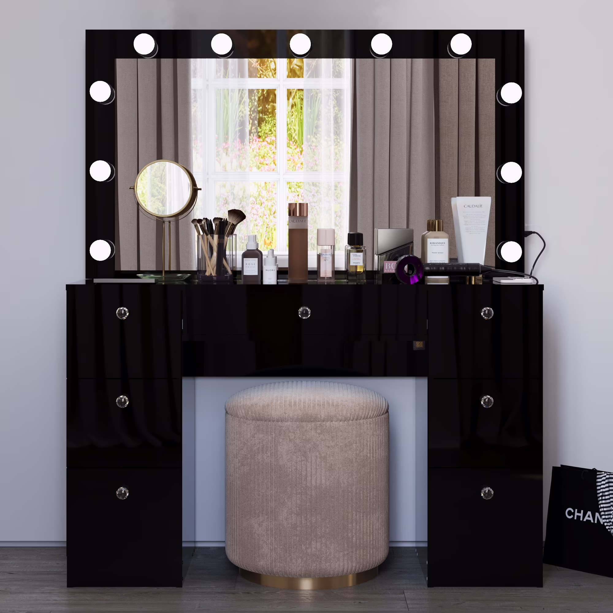Ibbie White Makeup Vanity with Glass Top, Lights, Charging Station(White) - Image 3