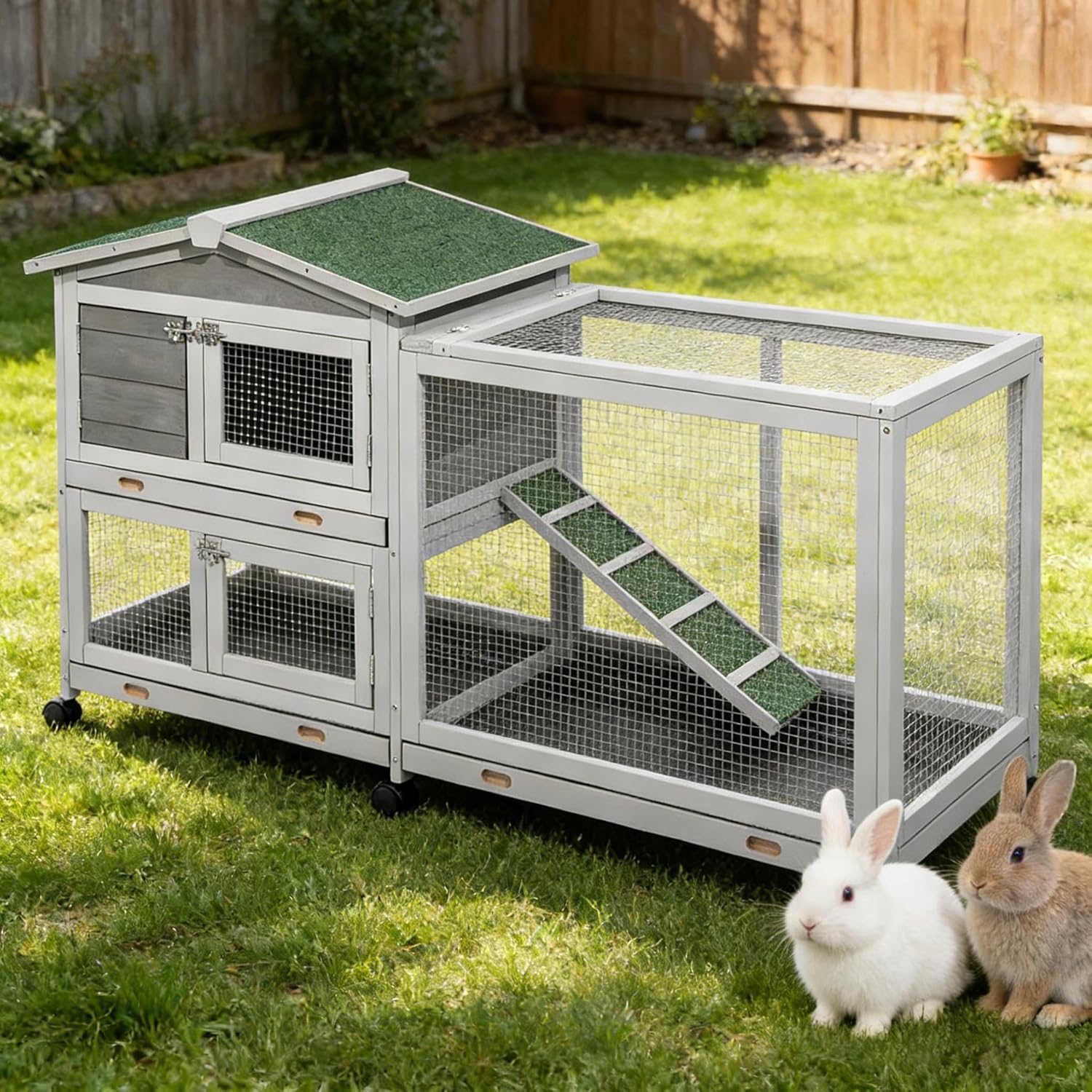 AECOJOY 2 Story Rabbit Hutch Outdoor, 62'' Bunny Cage Indoor with 6 Wheels