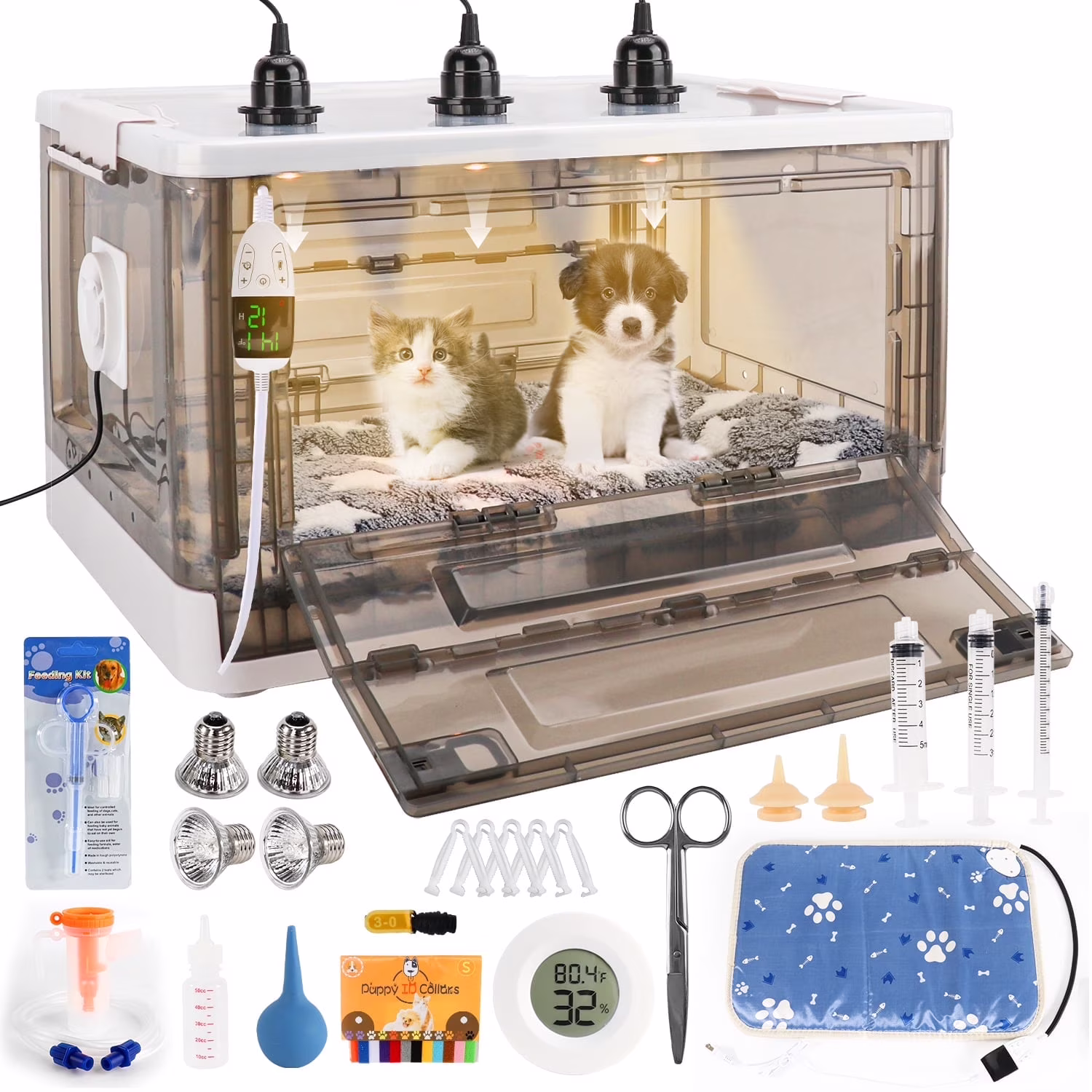HKDQ Puppy Incubator with Heating - 2025 New Puppy Incubator, Temperature Control & Quiet Ventilation, Kitten Incubator, Incubator for Puppies with 3heat Lamp (85 L)