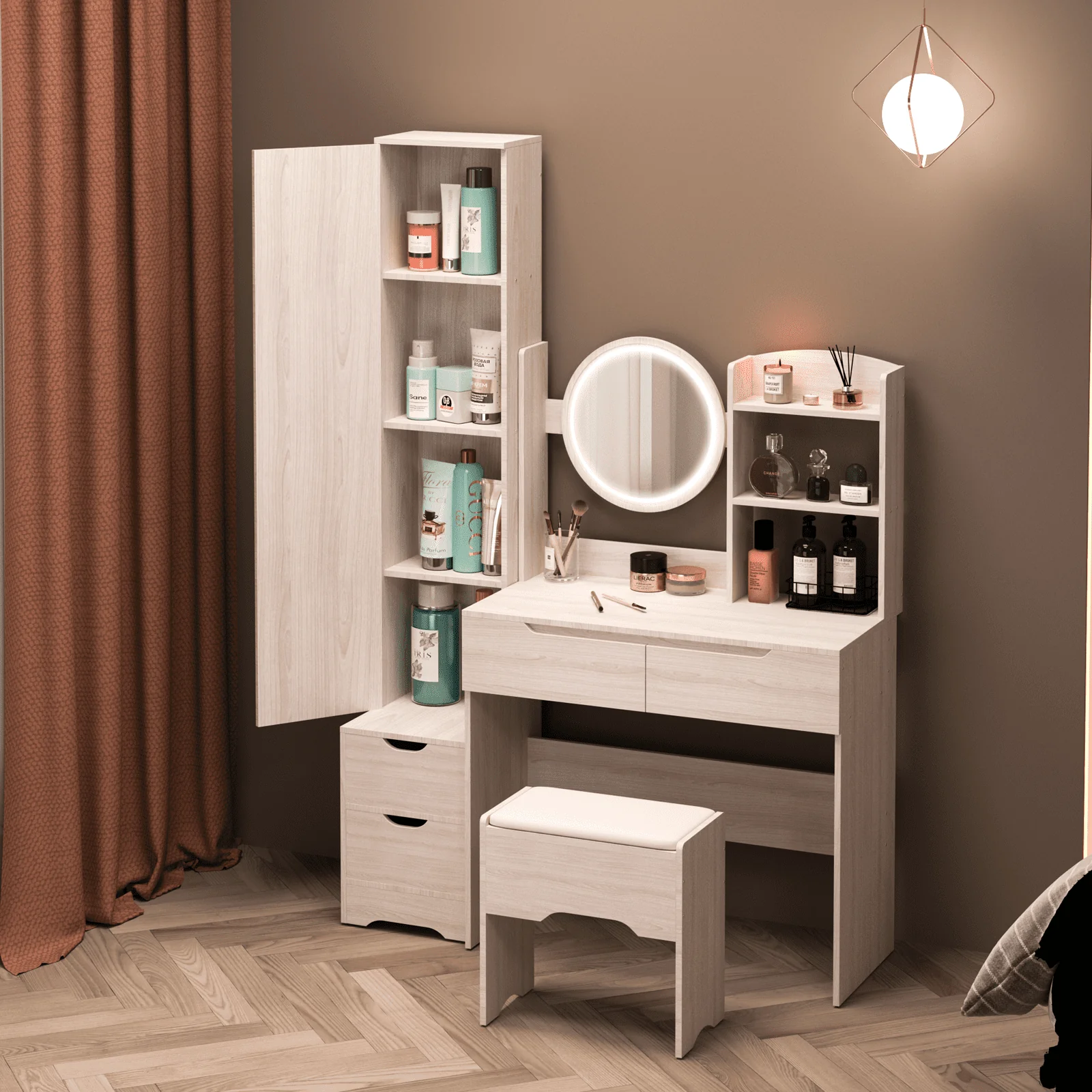 Lighted Vanity Table Set, Dressing Table with Full Length Mirror, Bedroom Makeup Table with Hidden Stoarge Cabinet, White Oak Color - Image 5