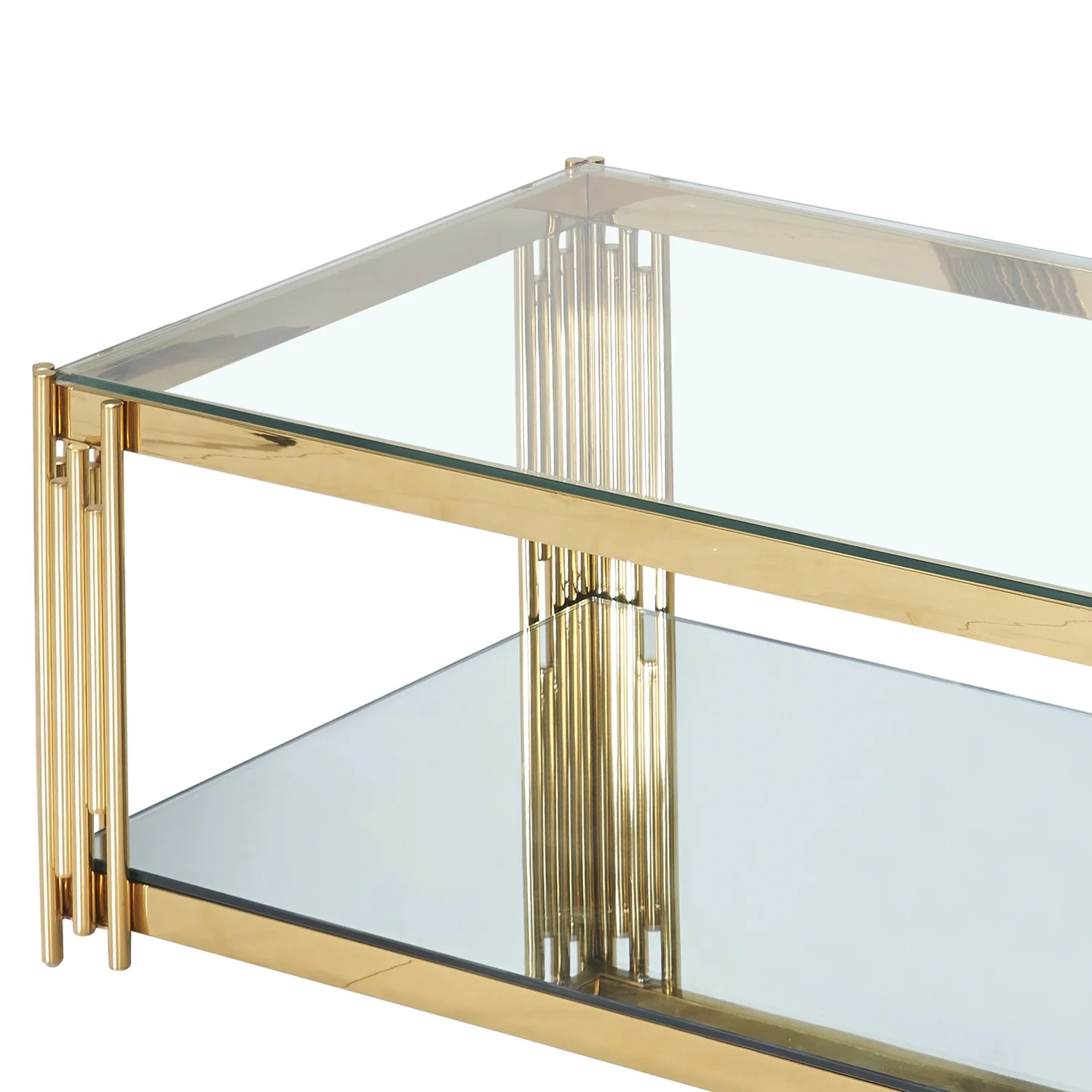 Glass Top Contemporary Metal Coffee Table with Lower Shelf in Gold(Gold) - Image 7