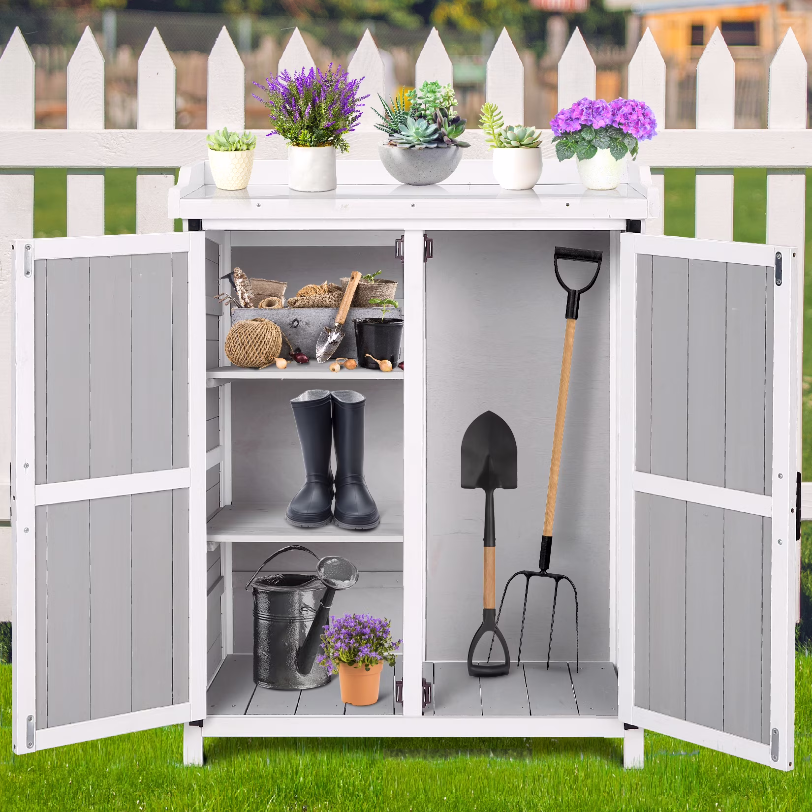 AOILE Potting Bench Outdoor Cabinet with Metal Tabletop Wooden Storage Cabinets Weatherproof for Outside Planting Work Benches with Adjustable Shelf and Doors for Garden Patio Lawn