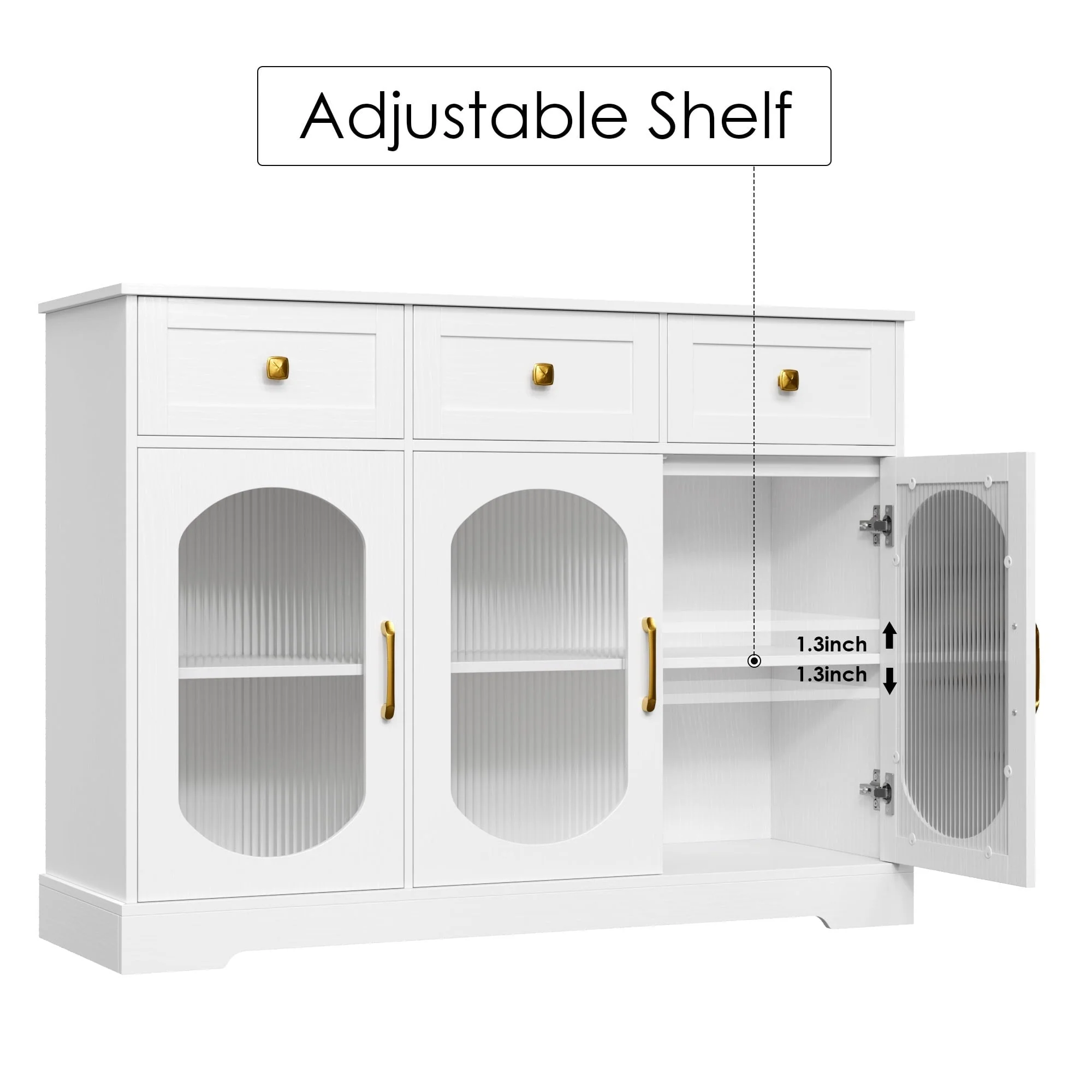 Homfa 3 Drawer Buffet Cabinet with 3 Curved Glass Doors, 47 2''W Kitchen Sideboard with Adjustable Shelf, White(Black) Image 6