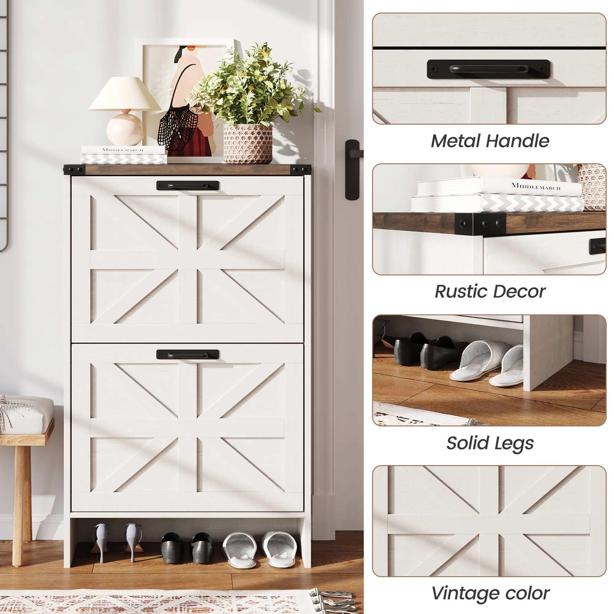 Shoes Storage Cabinet With Doors, Farmhouse Shoe Cabinet With 2 Flip Drawers For Entryway,Gray(White) - Image 10