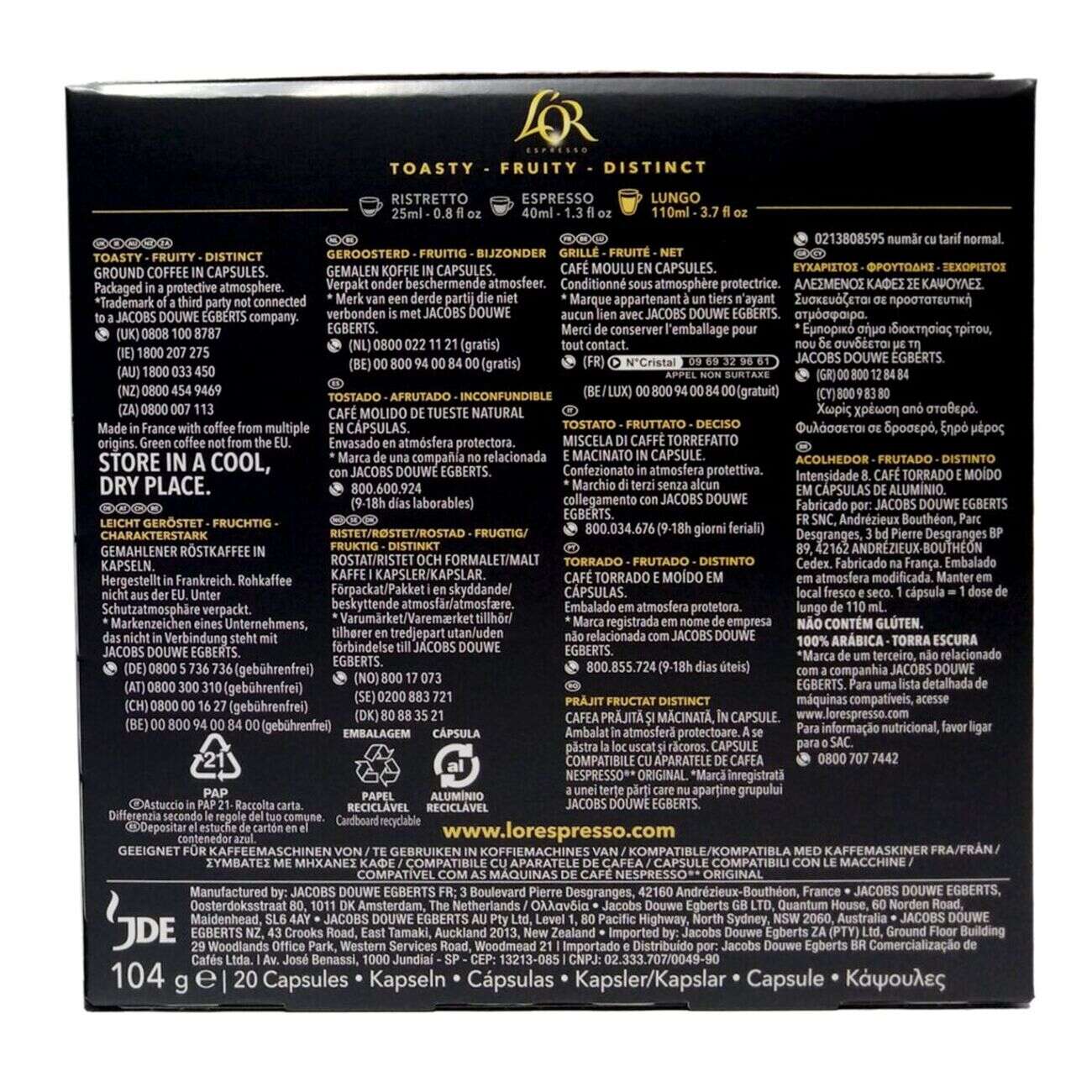 Café capsule L'or Lungo profondo 20 doses intensité 8