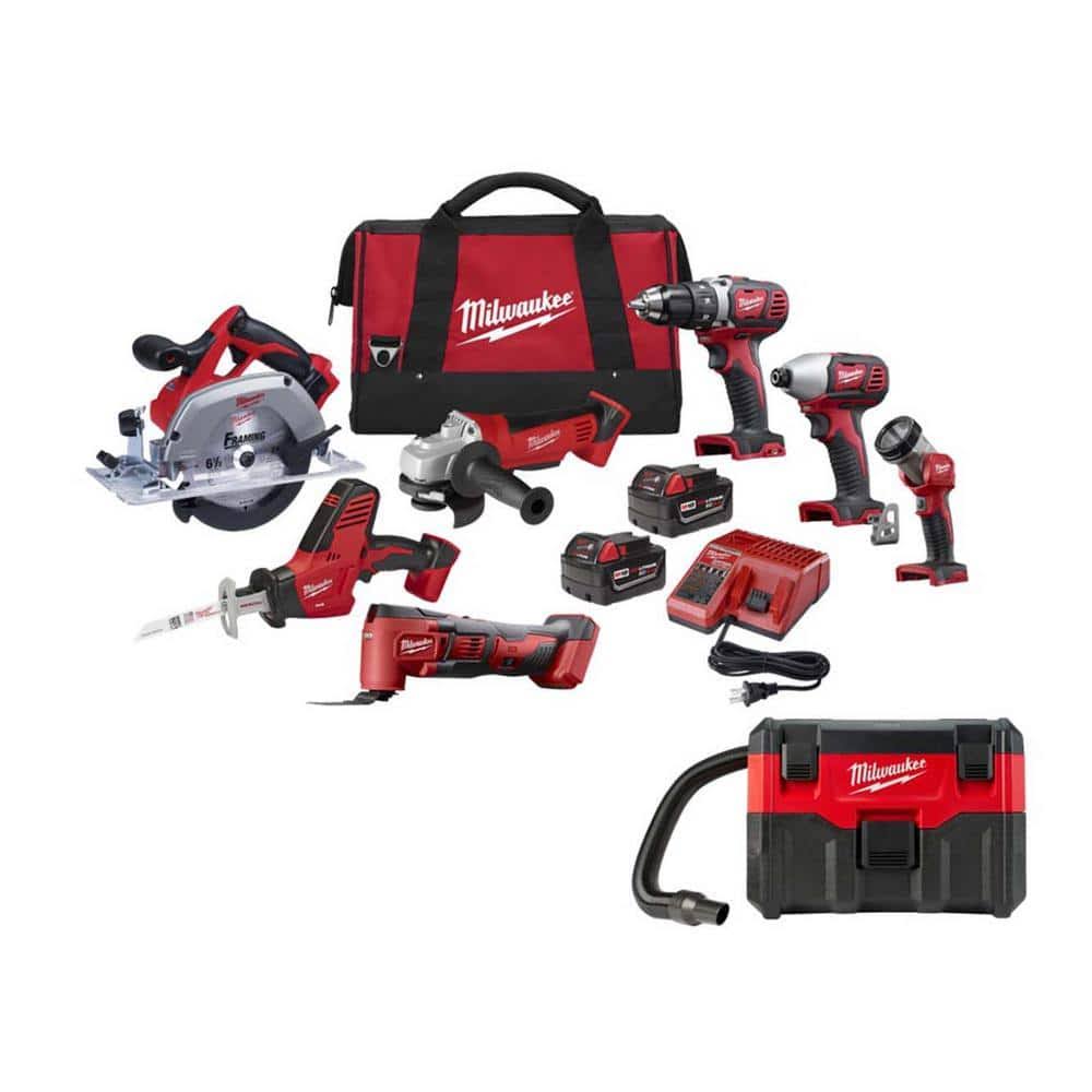 Milwaukee M18 18-Volt Lithium-Ion Cordless Tool Combo Kit with Two 3.0 Ah Batteries. Charger. Tool Bag and M18 2 gal. Wet/Dry VAC-Instock