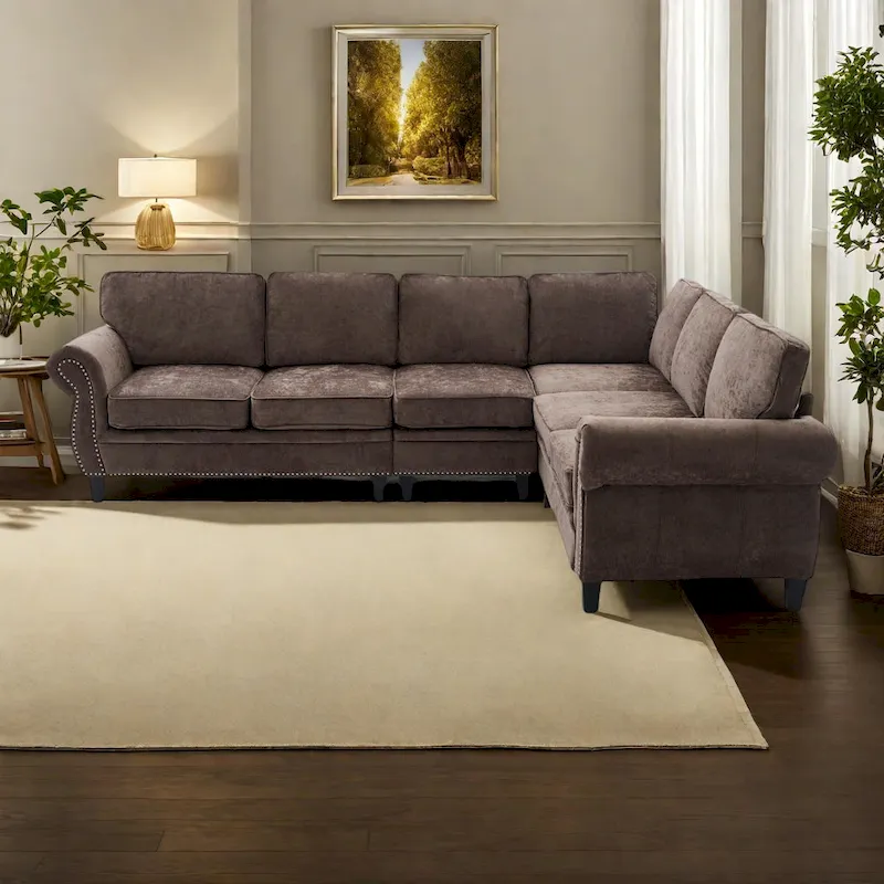 109.5-Inch Chenille L-Shaped Sectional Sofa for 6 with Rivet-Embellished Rolled Armrests, Cushions, and Sturdy Wood Frame