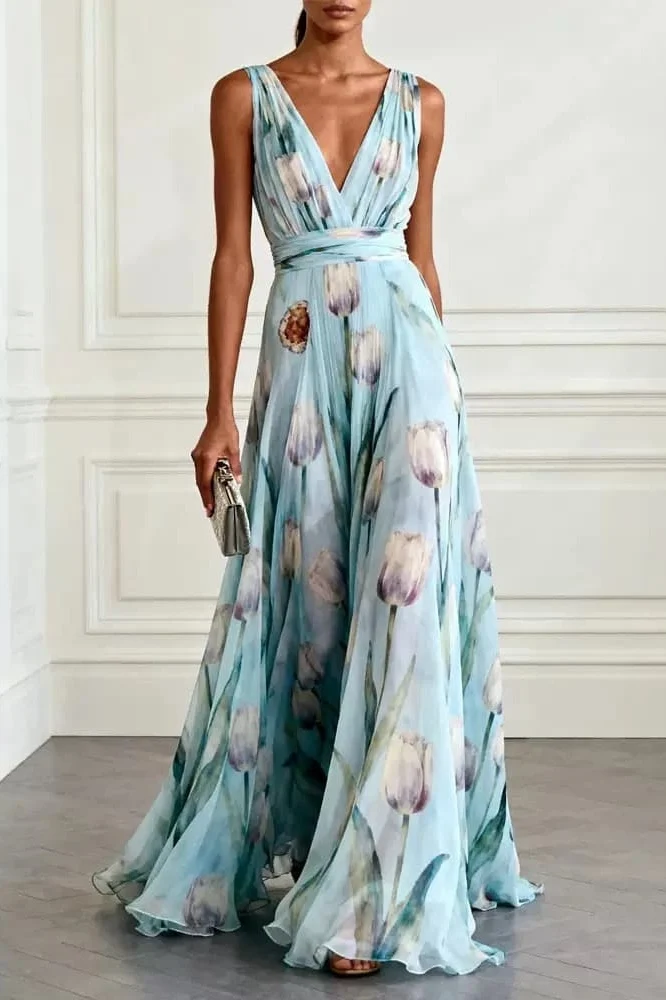 A-Line Maxi Printed Chiffon Wedding Guest Dress