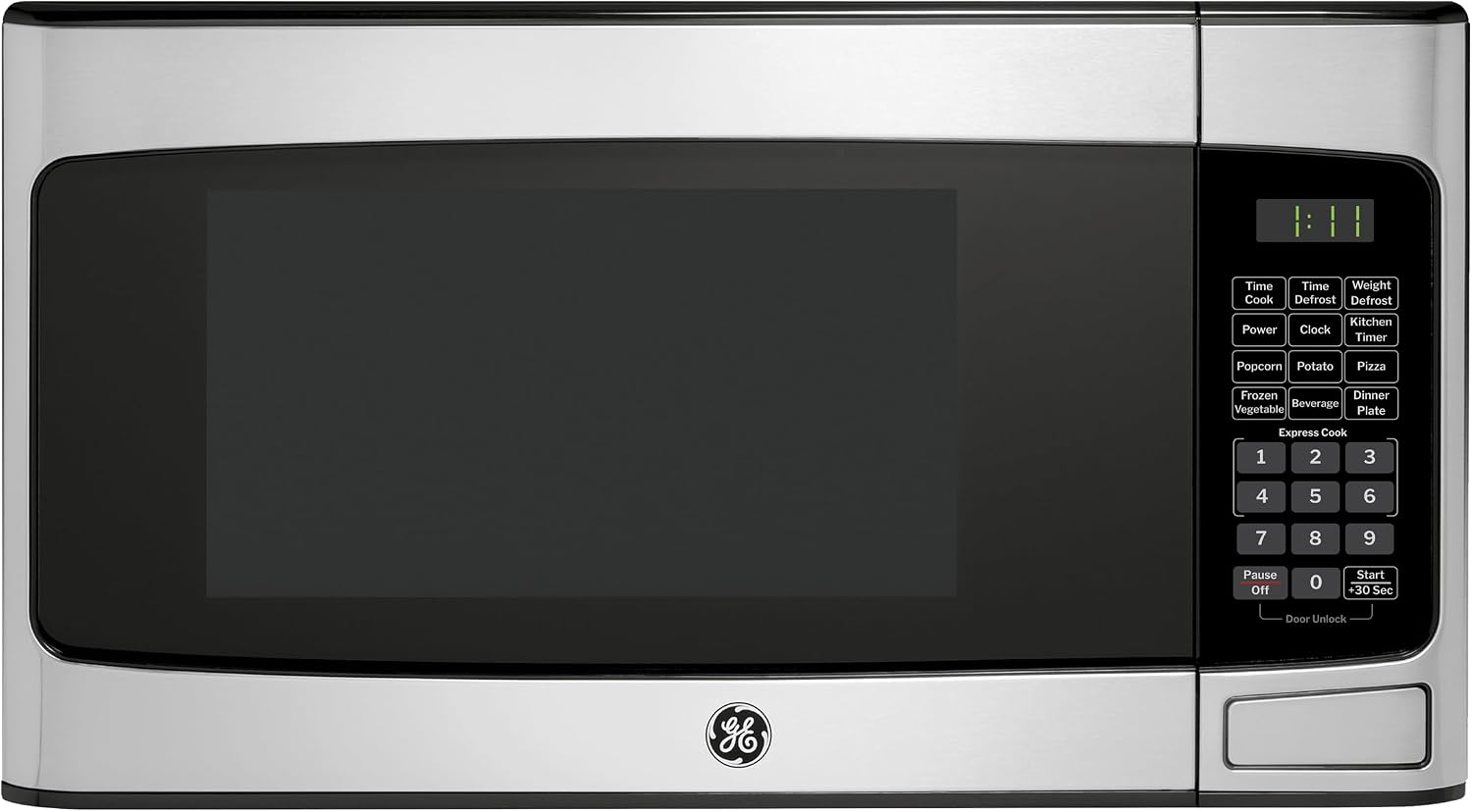 GE Countertop Microwave Oven, Compact 1.1 Cubic Ft., 950-watt Capacity, 6 Auto Cooking Settings, Child-Lock Technology, Kitchen Essentials for The Countertop, Dorm Room or Apartment, Stainless Steel